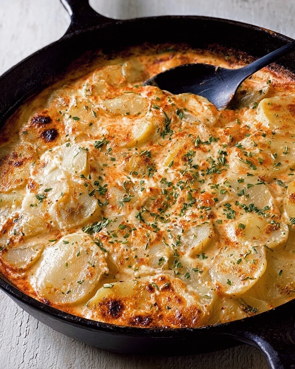 A black pan filled with a cooked dish showing multiple whole and cut potato pieces on the surface, the potatoes have a creamy white color with a soft texture. The dish is covered in a thick, orange-brown sauce mixed with small green herb flakes scattered evenly across, giving a slightly rough texture with some browned spots. The potatoes are partly submerged in the sauce, which also shows hints of browned bits and a creamy consistency. The pan sits on a white marbled surface. photo taken with an iphone --ar 4:5 --v 7