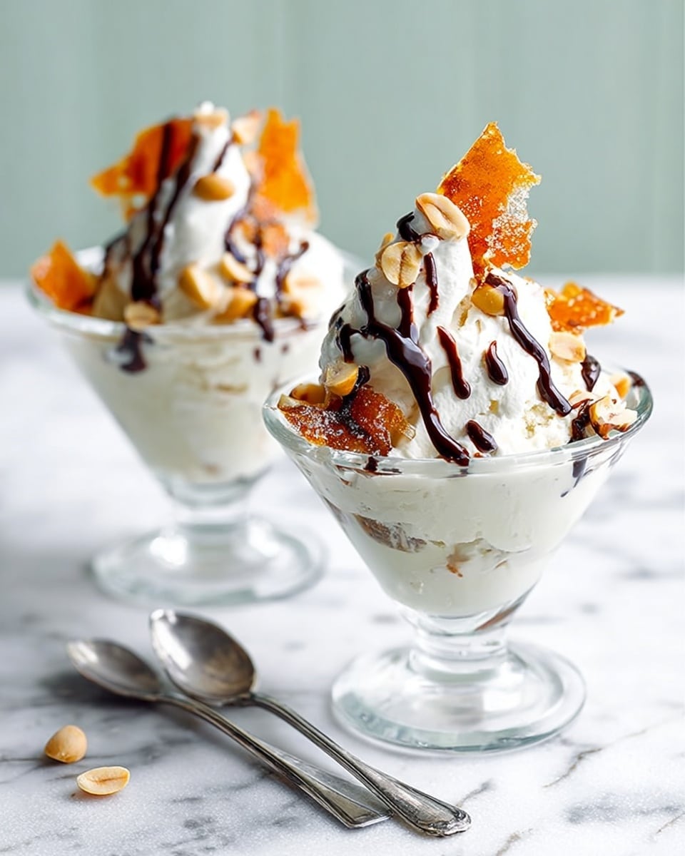 Two clear glass dessert cups sit on a white marbled surface, each filled with three visible layers: a bottom layer of pale green creamy mousse, a thick middle layer of fluffy white whipped cream, and a top layer decorated with shiny orange-brown caramelized sugar pieces, whole peanuts, and thin drizzles of dark chocolate sauce. The dessert looks light and smooth, with the caramelized sugar adding a crunchy texture on top. Two silver spoons rest casually in front of the cups, enhancing the inviting setup. photo taken with an iphone --ar 4:5 --v 7