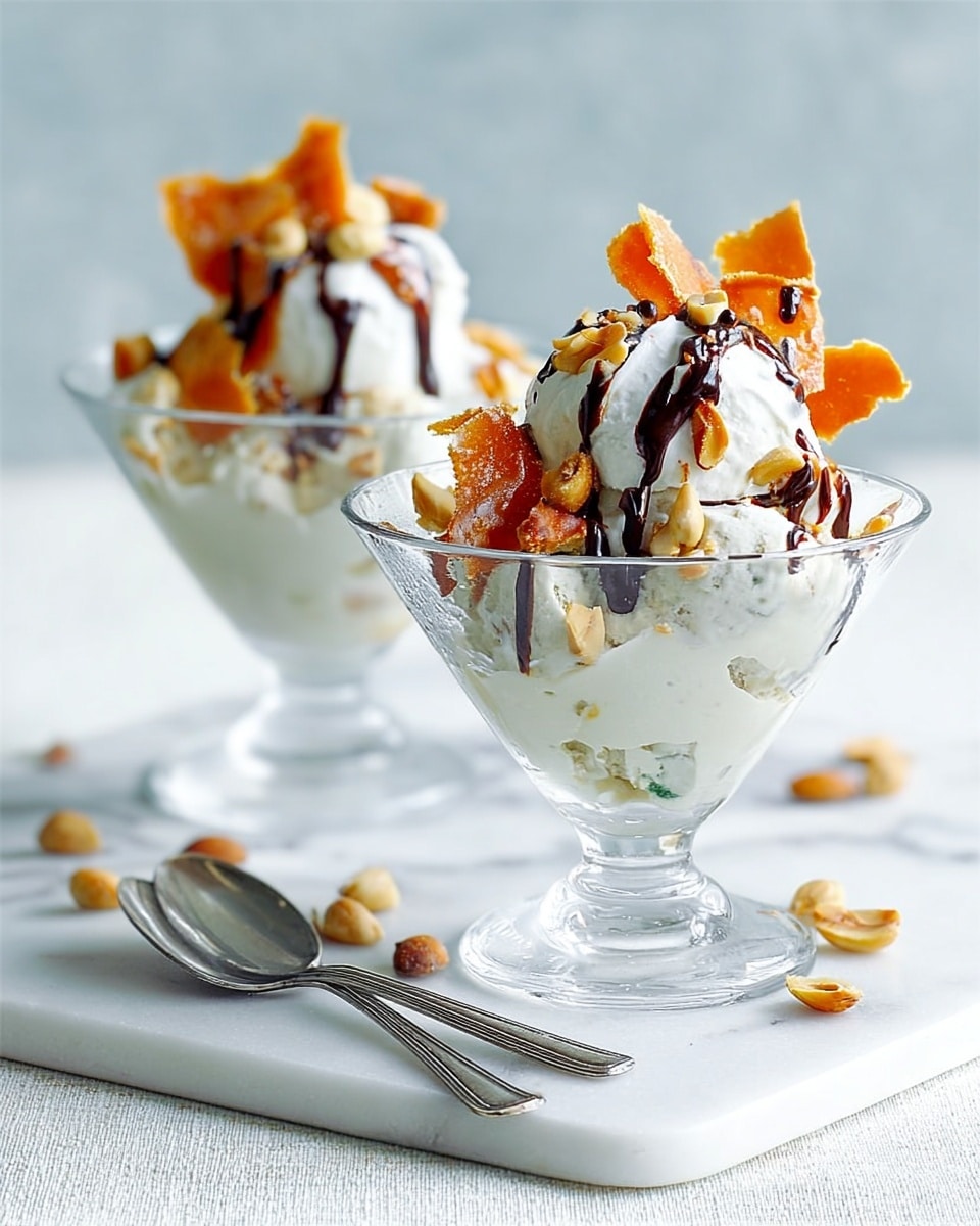 Two clear glass dessert bowls each hold a layered treat starting with a creamy white base that looks thick and smooth. On top of this is a dollop of soft white whipped cream with a light texture. Resting over the whipped cream are thin, crisp pieces of dark orange caramelized sugar shards and a few light-colored nuts scattered around. A dark chocolate sauce is drizzled over the top, adding contrast. The bowls sit on a light green wooden surface with a white marbled background softly blurred behind. Two silver spoons lay crossed in front, adding a simple touch. photo taken with an iphone --ar 4:5 --v 7