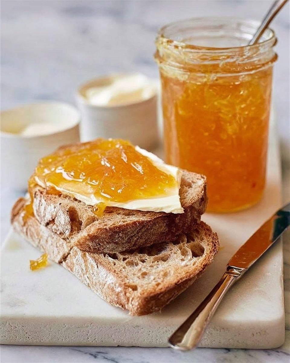 The image shows two slices of rustic bread with a rough, airy texture and golden-brown crust placed on top of each other on a wooden board. The top slice is spread with a thick layer of creamy butter, topped with a glossy, amber-colored marmalade with visible chunks of fruit. Behind the bread, there is a clear glass jar filled with the same orange marmalade, with a silver spoon inside. To the left of the jar is a small white bowl with a smooth, pale spread inside. A vintage silver knife with a rounded tip lies on the wooden board next to the bread. The background is a white marbled texture. photo taken with an iphone --ar 4:5 --v 7