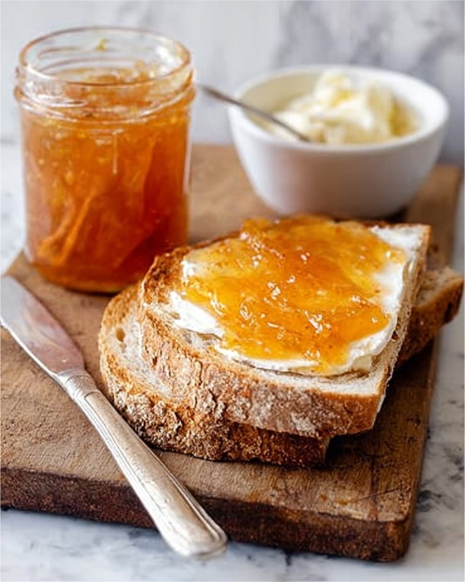 The image shows two slices of rustic brown bread on a wooden board, with the top slice spread with a light creamy butter layer topped by a glossy, golden orange marmalade layer that looks slightly chunky. A silver knife with some butter on it rests beside the bread. Behind the board, a small clear glass jar filled with the same golden marmalade sits with a white spoon inside. Next to the jar is a small white bowl with white cream or butter. The background is a white marbled surface. photo taken with an iphone --ar 4:5 --v 7