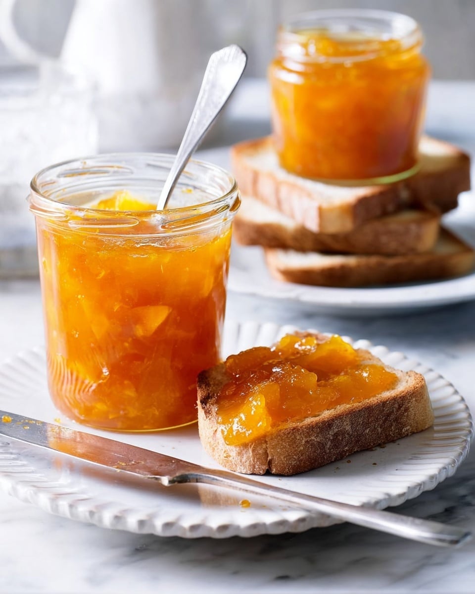 The image shows two clear glass jars filled with yellow-orange jam, with a spoon inside one jar, placed on a white plate. In front of the jars, there is a piece of toasted bread spread with the same jam, which has a shiny and slightly chunky texture. A silver knife with traces of jam rests on the plate beside the bread. In the background, more toasted bread slices are stacked on a white plate, all set on a white marbled surface. The lighting is soft, highlighting the glossiness of the jam. Photo taken with an iphone --ar 4:5 --v 7