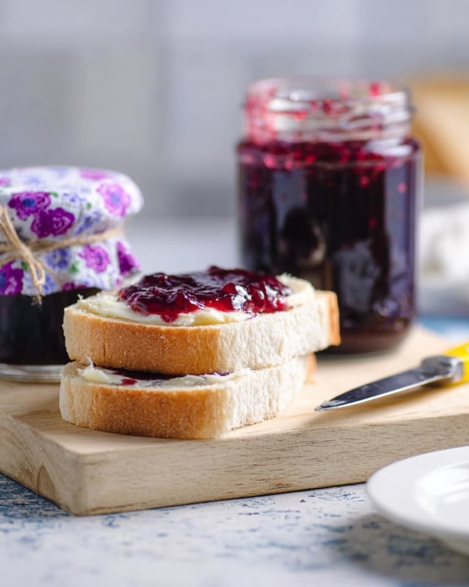 The image shows two slices of light brown bread stacked on a wooden board, with the top slice spread with creamy white butter and a layer of dark red berry jam that has a glossy texture and visible seeds. Behind the bread, there is a clear, open jar filled with the same dark red jam, and a smaller jar with a purple and white cloth covering tied with a blue and white label to the left. A white plate sits to the right on a white marbled surface, with a yellow-handled knife resting beside it. The background is softly lit and simple, focusing attention on the bread and jam. photo taken with an iphone --ar 4:5 --v 7