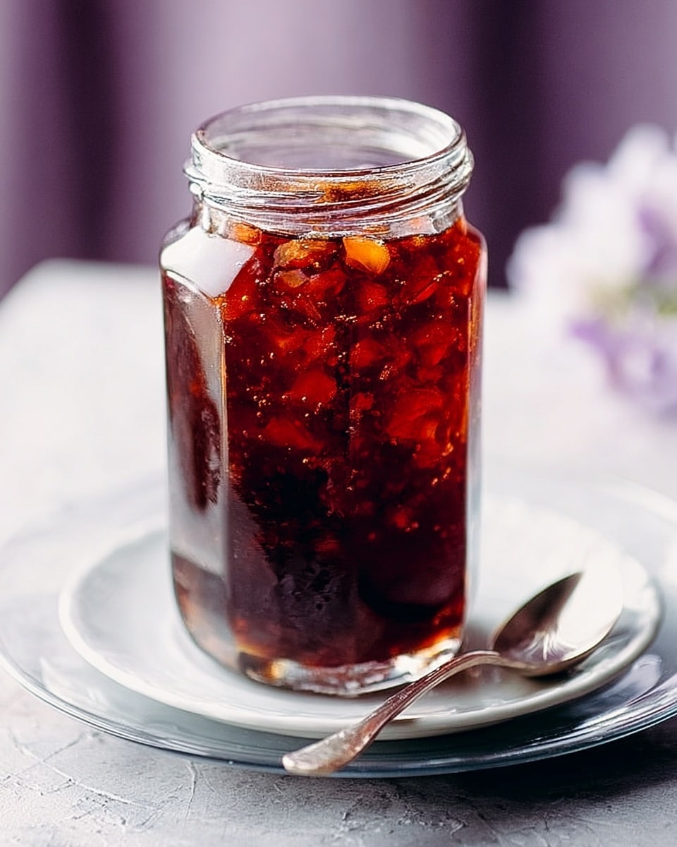 A clear glass jar filled with dark red jelly, showing a thick, slightly uneven layer of jelly on the top with shiny, gel-like texture and small bubbles inside. The jar sits on a transparent white saucer, with a silver spoon resting on the saucer next to the jar. The background is a white marbled texture with soft purple and white blurred shapes. Photo taken with an iphone --ar 4:5 --v 7