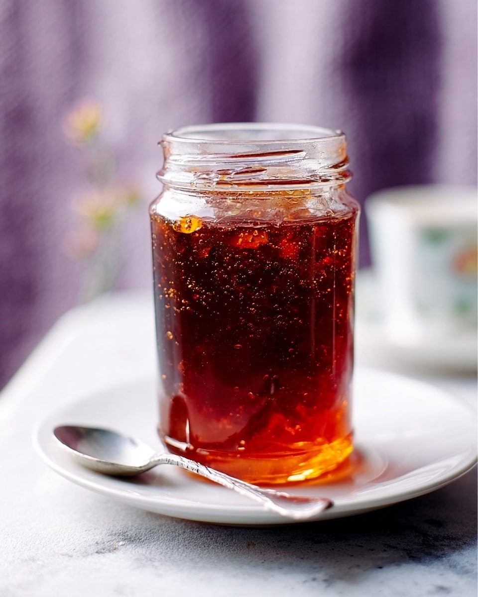 A clear glass jar filled with dark red jelly topped with small chunks of orange peel, creating a textured top layer that shines with light reflections. The jar sits on a simple white plate with a smooth surface, accompanied by a silver spoon resting on the right side of the plate. The background is softly blurred with a white marbled texture, giving a clean and bright look. Photo taken with an iphone --ar 4:5 --v 7