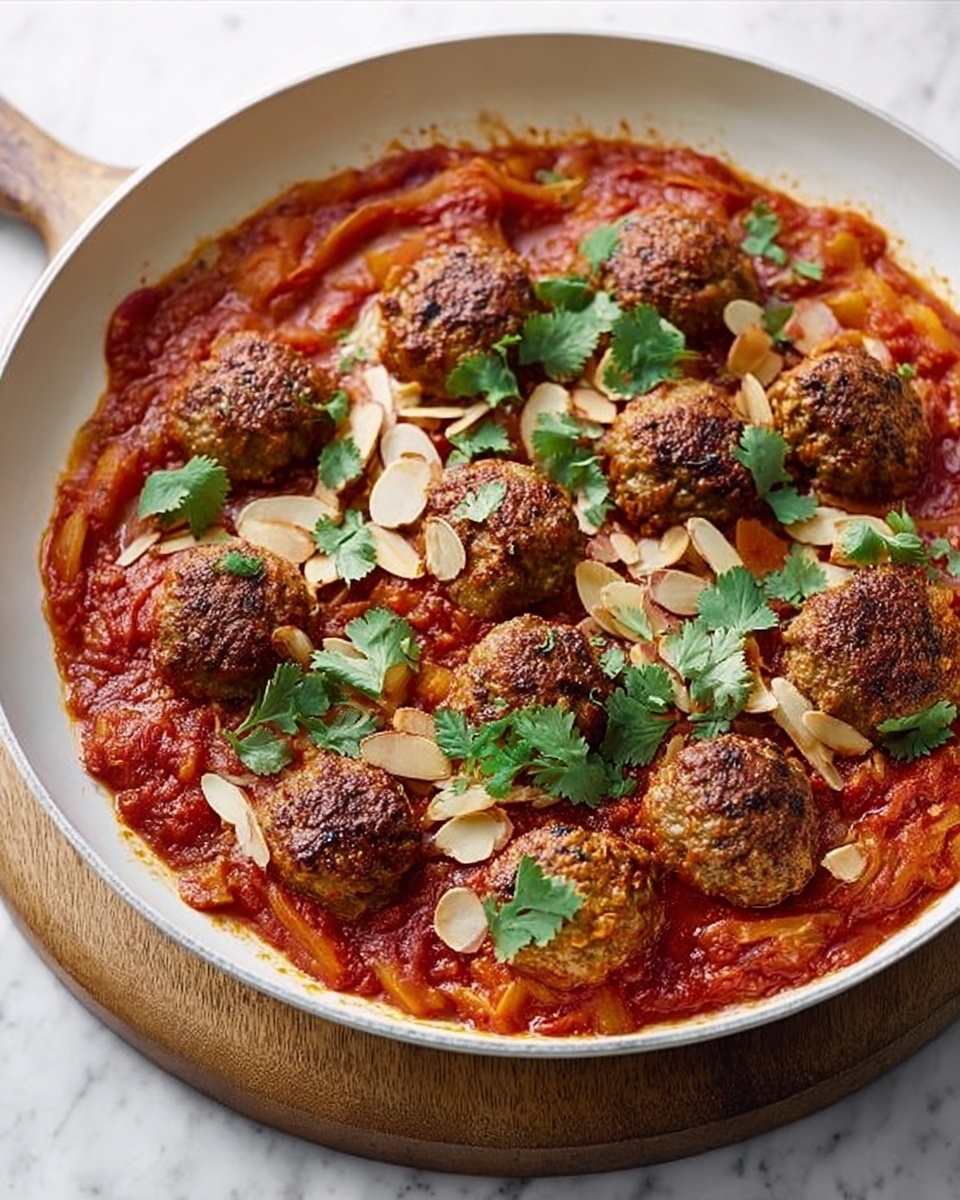 The image shows a white round pan filled with several brown meatballs resting on a chunky red tomato sauce with visible pieces of tomato and other vegetables. The dish is topped with scattered light beige almond slices and fresh green cilantro leaves, adding texture and color contrast. The pan is placed on a wooden board, and all is set against a white marbled textured background. photo taken with an iphone --ar 4:5 --v 7