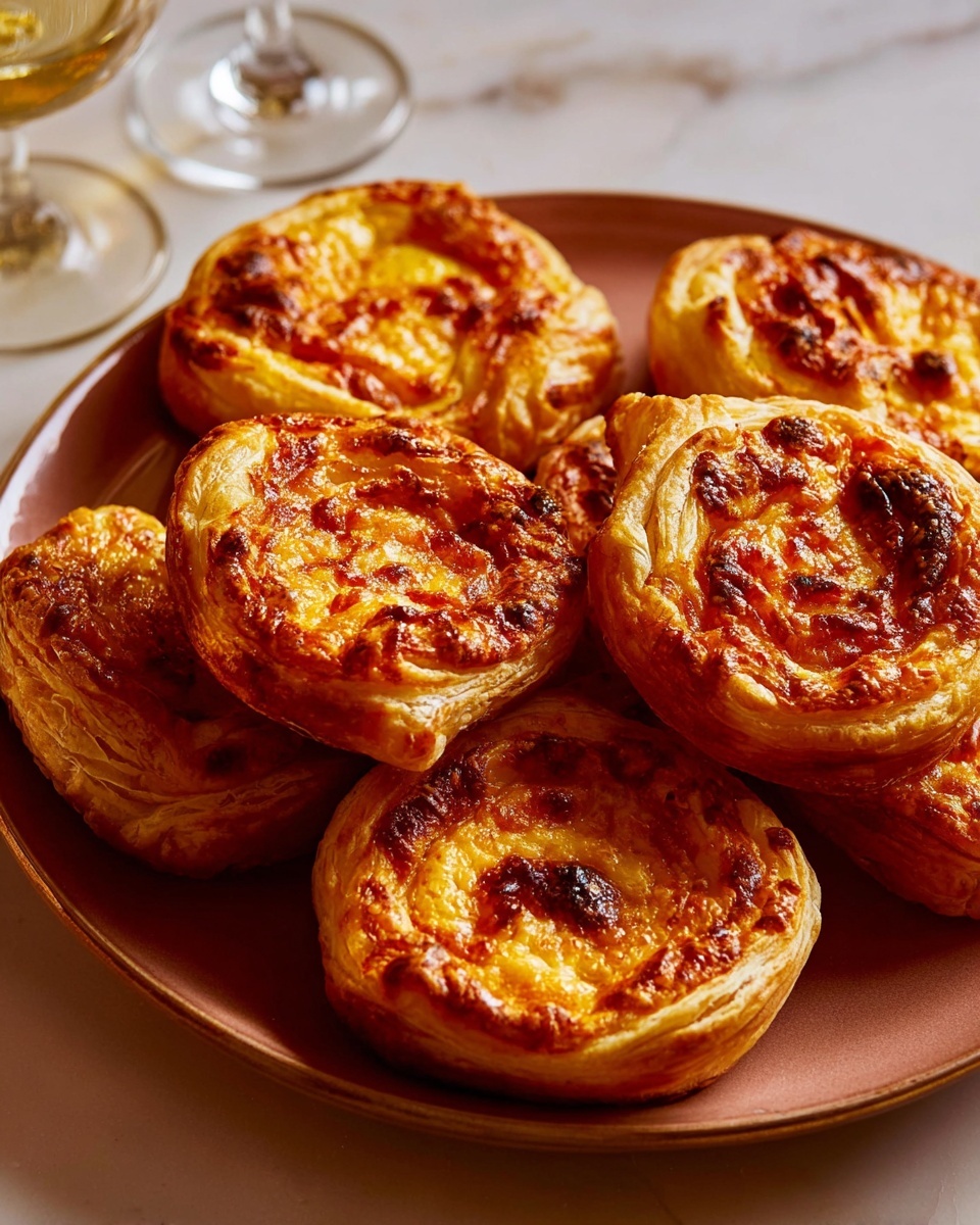 A close-up of six round puff pastry tarts arranged on a clear white plate, each tart having a golden, flaky outer crust with visible layers and a slightly crispy texture. The filling is a rich orange color with spots of browned cheese on top, giving a slightly bubbly and melted appearance, spread evenly within the pastry border. The background is a soft white marbled texture, and the top part of two glasses with drinks rise out of the frame, adding a warm and cozy atmosphere to the image. photo taken with an iphone --ar 4:5 --v 7