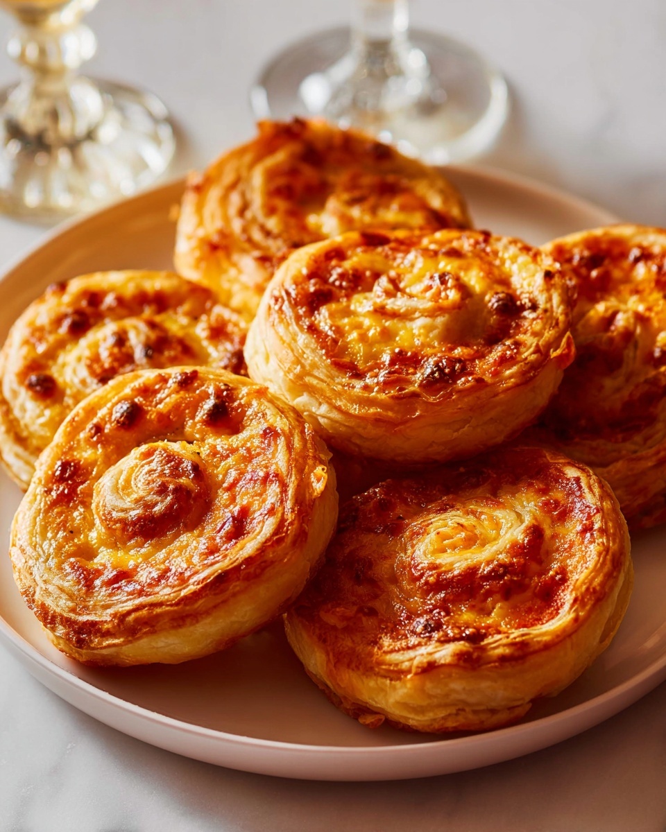 The image shows a round white plate filled with six small puff pastries. Each pastry has a light golden-brown flaky crust on the outside, with a soft, orange-colored cheesy filling in the center. The filling looks slightly crispy on top and has a smooth texture with some darker baked spots. The pastries are arranged close together, overlapping slightly. In the background, there are two clear glasses with stems, placed on a white marbled surface. The warm lighting gives the scene a cozy feel. photo taken with an iphone --ar 4:5 --v 7
