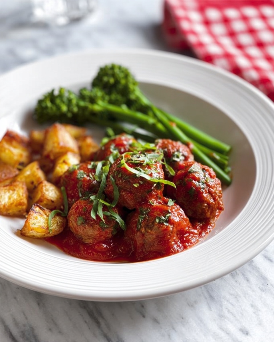 A deep white bowl holds a serving of several round meatballs covered with bright red tomato sauce and garnished with thin green basil strips on top; to the left side of the bowl are small cubes of golden brown roasted potatoes, and to the right, there is a small bunch of green broccolini. The bowl sits on a white marbled surface with a white plate beneath it and a red and white checkered cloth nearby. photo taken with an iphone --ar 4:5 --v 7