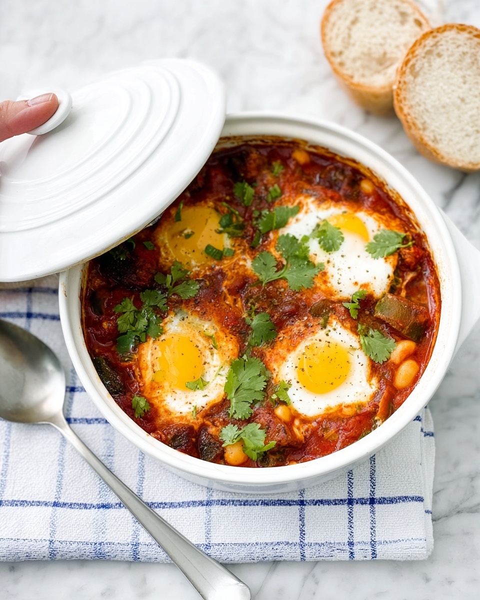 A white round bowl filled with a rich, chunky tomato sauce that has visible pieces of green peppers and browned sausage slices, topped with three cooked eggs with bright yellow yolks partially set in the sauce, and fresh green cilantro leaves scattered on top. The bowl sits on a white cloth napkin over a blue and white checkered surface with a silver spoon beside it, and two pieces of rustic bread in the background. Photo taken with an iphone --ar 4:5 --v 7