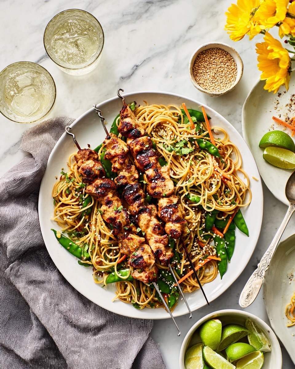 A large white round plate holds a dish with two grilled chicken skewers resting on top. Underneath the skewers is a bed of yellow noodles mixed with bright green snap peas and thin orange carrot strips, all sprinkled with small white sesame seeds. The noodles look slightly shiny, suggesting a light sauce. To the right of the plate is a small white bowl with green lime wedges, and next to it a gray bowl filled with sesame seeds and a silver spoon. On the left side, a folded dark gray cloth napkin partly sits under the plate. In the background, two glasses filled with clear bubbly liquid and a bunch of small yellow flowers add a fresh touch, all set on a white marbled texture surface. photo taken with an iphone --ar 4:5 --v 7