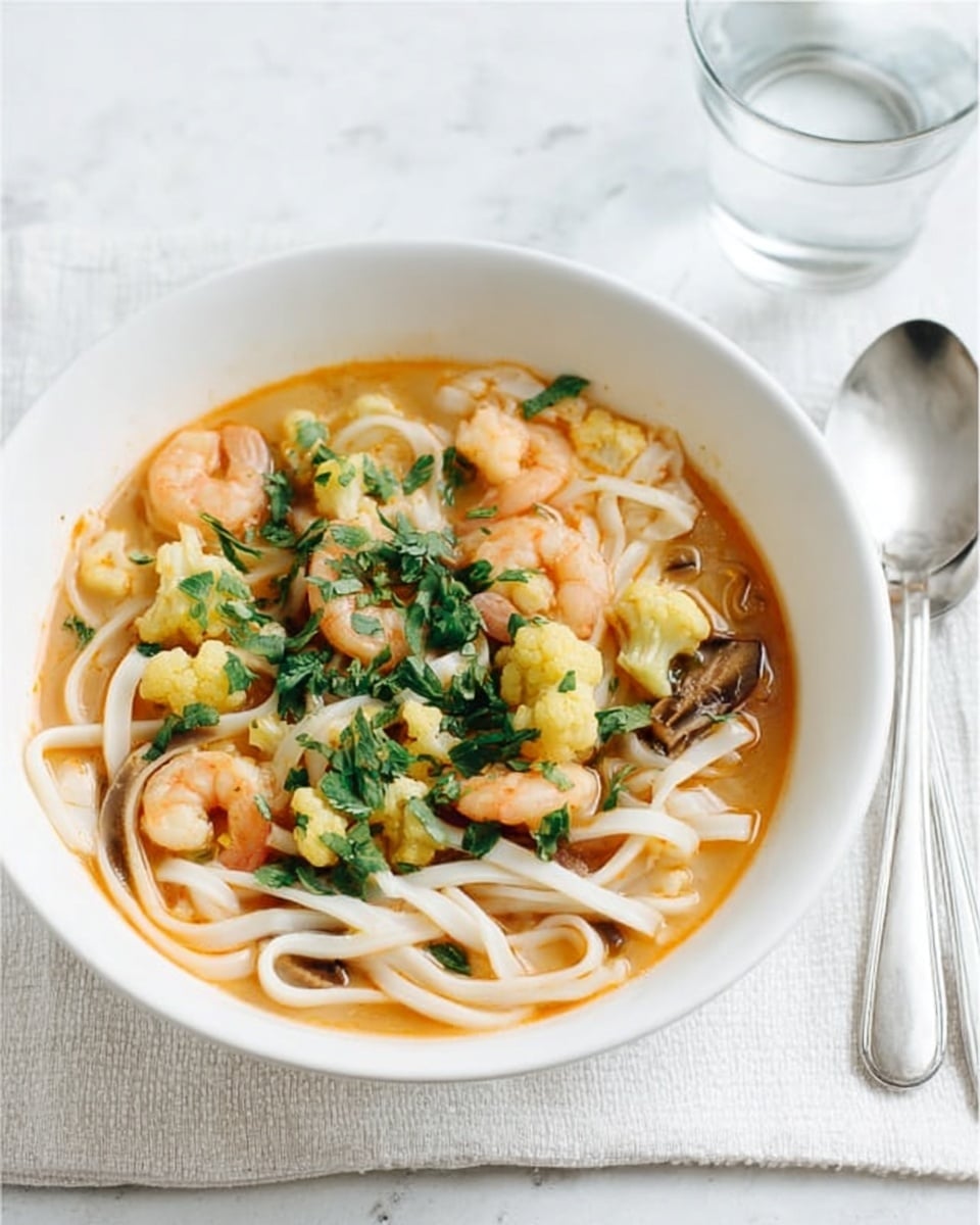 A white bowl filled with clear orange broth holds thick white noodles spread throughout. Small soft shrimp with a light pink color are mixed in with pieces of yellow baby corn and sliced light brown mushrooms. Fresh green herbs are sprinkled on top, adding a touch of color and freshness. The bowl sits on a white marbled surface with a white cloth underneath, and a glass of water along with silver cutlery is placed nearby. Photo taken with an iphone --ar 4:5 --v 7