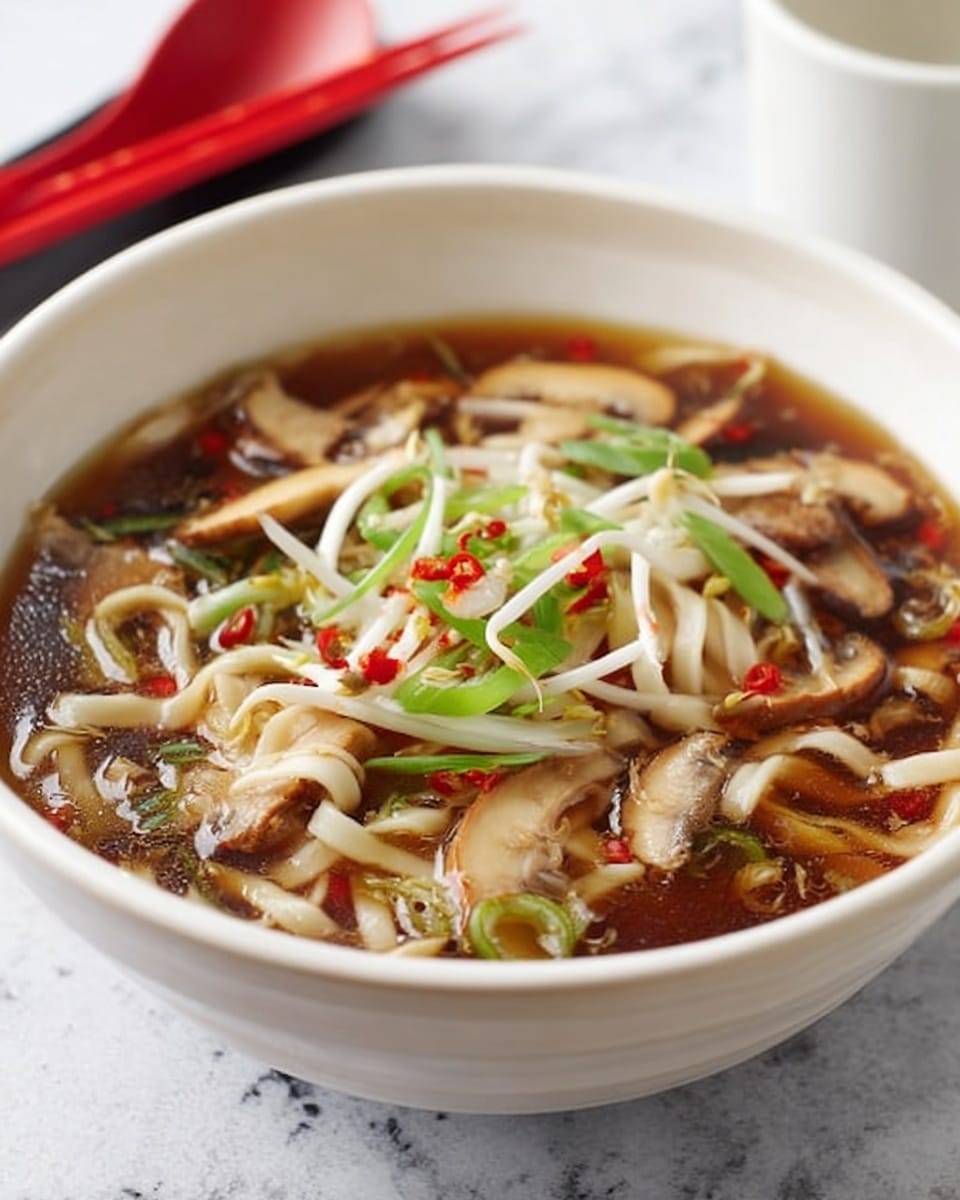 A white bowl filled with a dark brown broth, topped with sliced mushrooms, white rice noodles, fresh bean sprouts, and thin strips of green onions, all layered evenly with the mushrooms and noodles mostly submerged in the soup while the green onions and bean sprouts rest on top, adding texture and color contrast. The bowl is placed on a white marbled surface, with a pair of red spoons in the background. Photo taken with an iphone --ar 4:5 --v 7