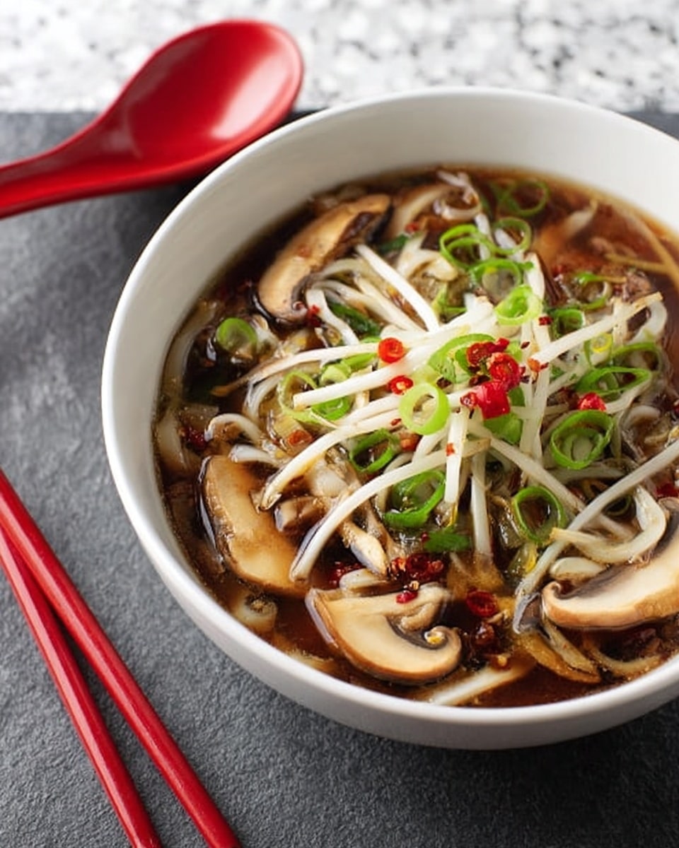 A white bowl filled with dark brown broth holding flat, wide noodles and slices of light brown mushrooms. On top, there are thin green and white strips of scallions and small red chili pieces scattered around. The bowl is placed on a white marbled surface with two red spoons in the background. photo taken with an iphone --ar 4:5 --v 7