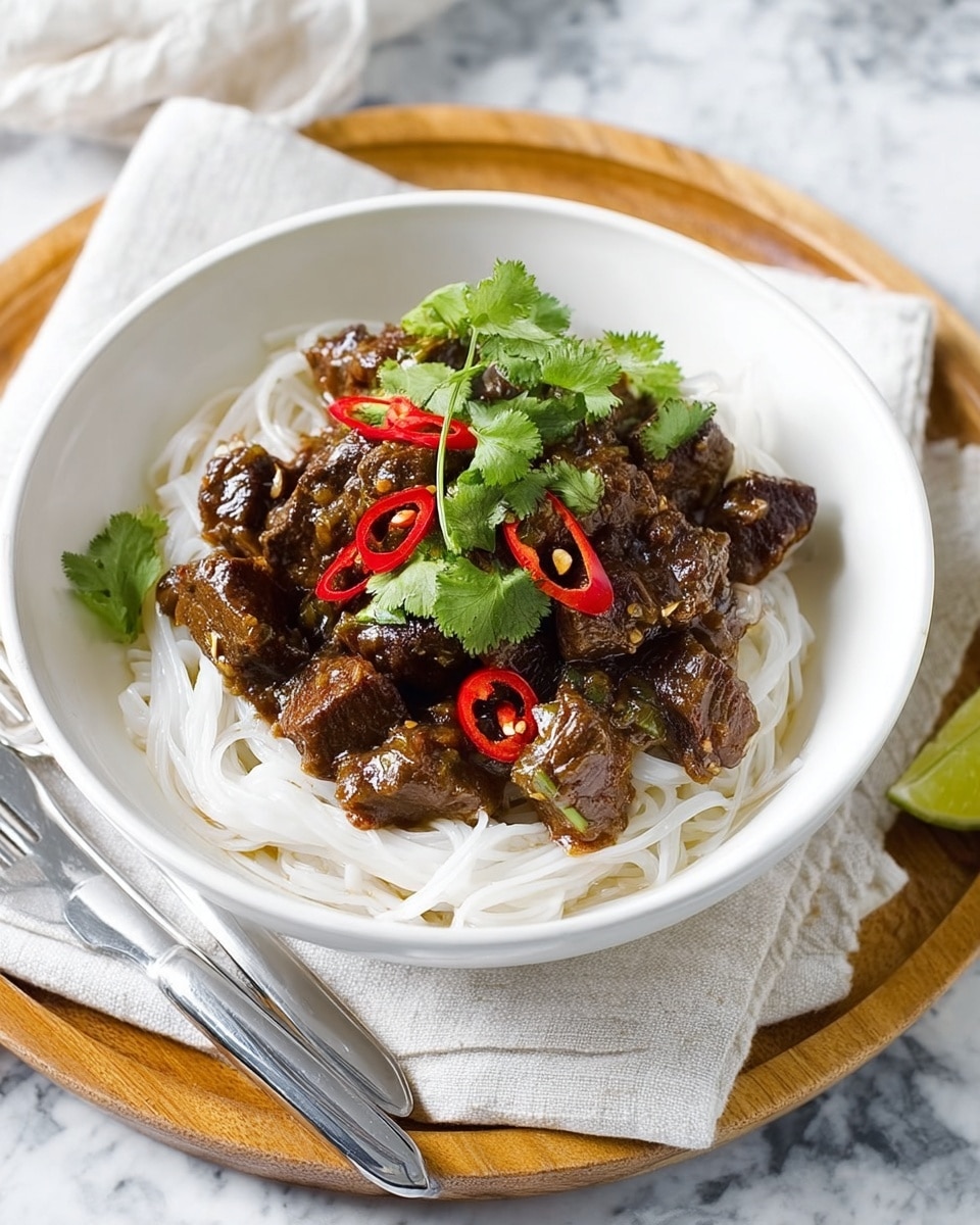 The image shows a white bowl filled with wide, flat white noodles as the bottom layer. On top, there is a generous serving of dark brown pieces of meat coated in a thick sauce, sprinkled with small red chili slices and fresh green cilantro leaves for color contrast. The bowl is placed on a folded gray cloth with a simple black border, sitting on a white marbled surface. Next to the bowl, there is a silver fork and spoon resting on the cloth, with a blurred background of lime slices and a small white bowl. Photo taken with an iphone --ar 4:5 --v 7