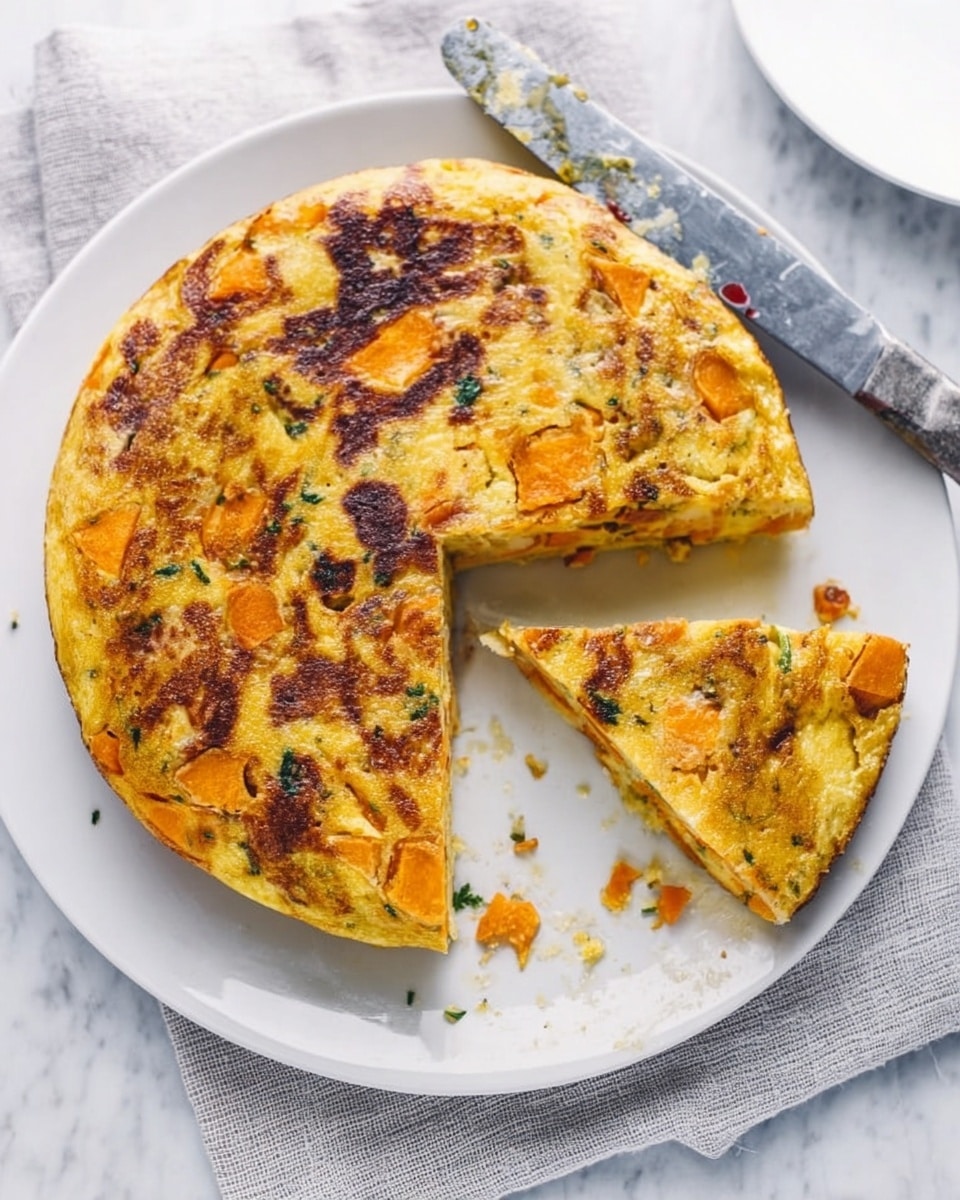 The image shows a round omelette with a golden brown top and edges, cooked to a slightly crispy texture. It is on a white plate placed on a white marbled surface. A wedge-shaped slice is cut out from the omelette, revealing a thick layer with visible chunks of orange sweet potatoes or carrots and small darker green leafy bits inside. A large butter knife rests on the plate beside the omelette, with some crumbs on the blade. The lighting highlights the omelette's soft and fluffy texture with a few browned spots on top. photo taken with an iphone --ar 4:5 --v 7