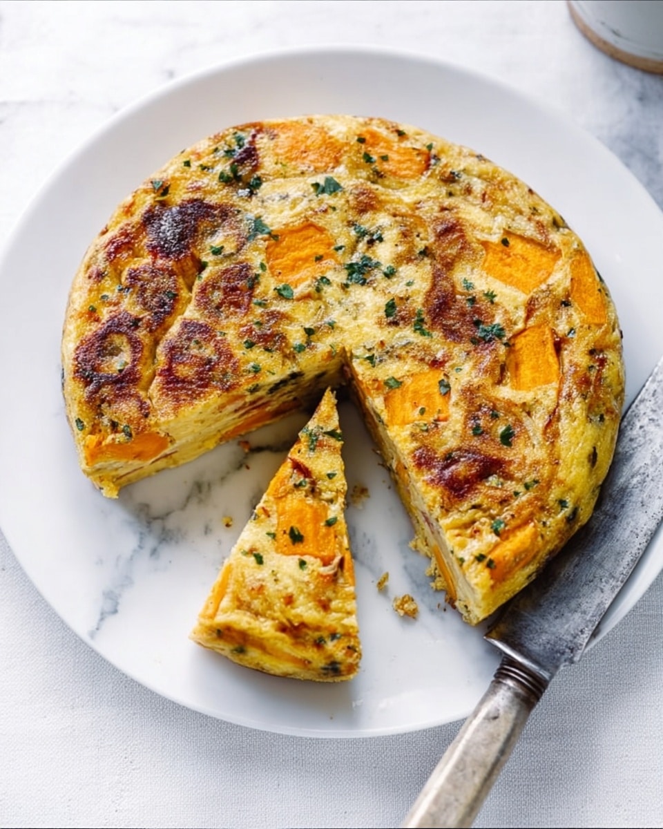 A round omelette sits on a white plate with a thick, golden-brown top layer that shows cooked egg with some parts slightly browned and textured with bits of vegetables like orange sweet potato and scattered green herbs. There is one wedge-shaped slice removed, revealing inside layers of soft cooked egg mixed with chunks of orange sweet potato and other small vegetable pieces. A knife with a dark handle lies beside the plate on a white marbled surface with a light cloth beneath the plate. photo taken with an iphone --ar 4:5 --v 7