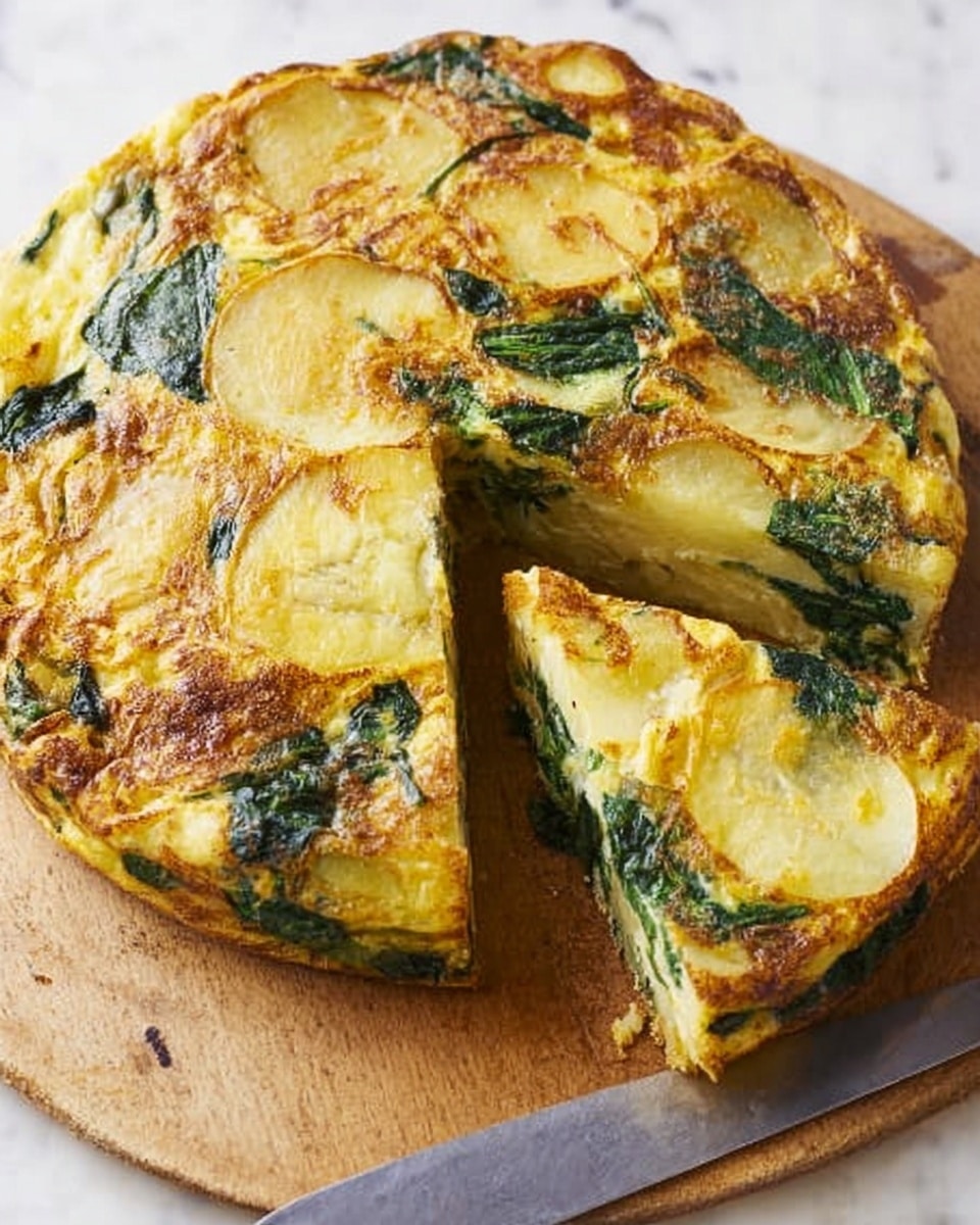The image shows a round Spanish omelette with visible layers of golden-yellow cooked eggs mixed with green spinach leaves, creating a textured top surface with some brown spots from cooking. One slice is being held by a woman's hand, showing soft, thick layers inside made of cooked potatoes and spinach, with the egg binding everything together. The omelette rests on a wooden cutting board placed on a white marbled background. A large knife lies in front of the omelette on the board. photo taken with an iphone --ar 4:5 --v 7