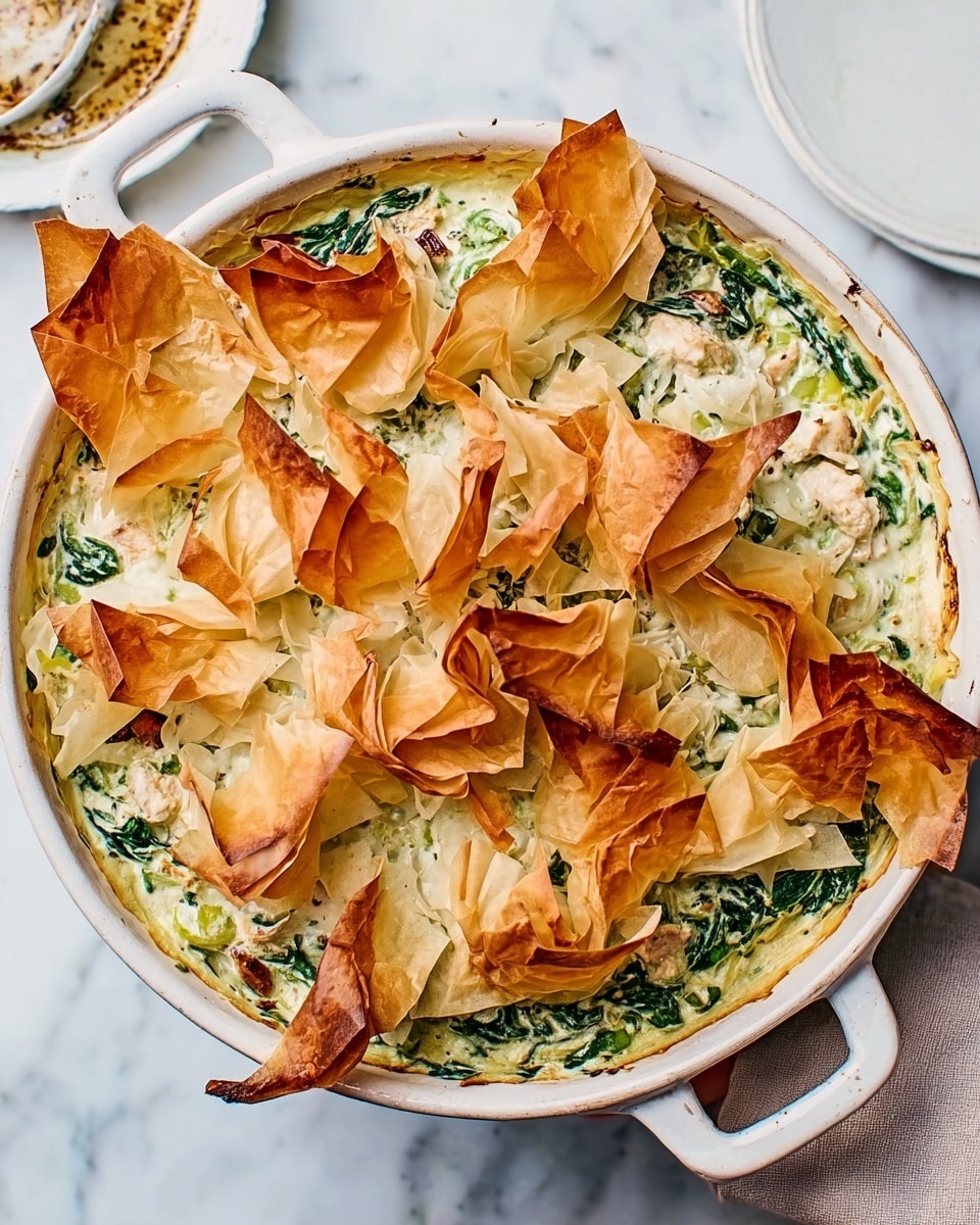 The image shows a white round baking dish with handles holding a creamy spinach and chicken casserole. The dish has three main layers visible: a bottom layer of creamy white sauce mixed with green spinach and pieces of cooked chicken, a middle layer with partially cooked spinach mixed in the sauce, and a top layer of crispy, golden-brown phyllo pastry sheets that are puffed up and torn in places, covering half of the dish. The dish is set on a white marbled surface with some crumbs scattered around. Photo taken with an iphone --ar 4:5 --v 7