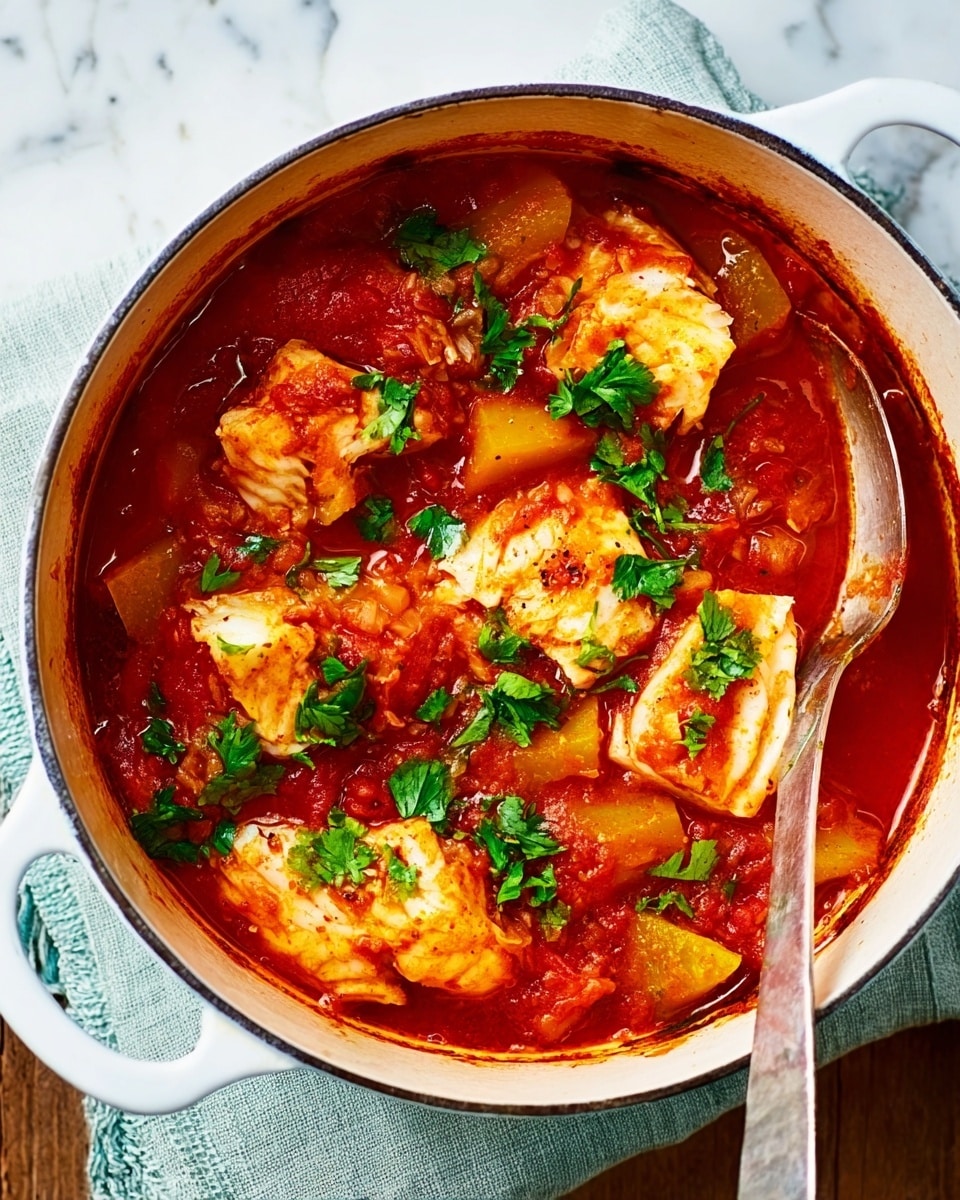 A white pot filled with a thick, bright red tomato sauce containing large white fish pieces that have a soft texture and are slightly broken apart. The sauce has chunks of tomatoes and chickpeas mixed in, and fresh green cilantro leaves are scattered over the top, adding a splash of color. A copper spoon is partially inside the pot, resting on the right side. The pot sits on a white marbled surface with hints of a blue and white cloth to the right side. photo taken with an iphone --ar 4:5 --v 7