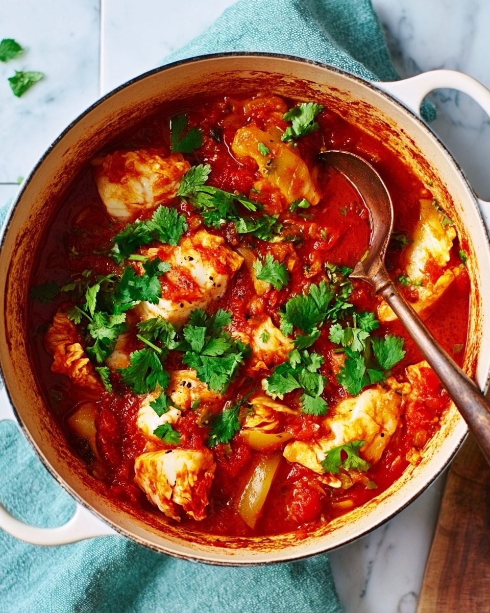 A white pot filled with a rich red tomato sauce, chunky with pieces of white fish fillets and chickpeas spread through the sauce. Bright green cilantro leaves are scattered on top, adding a fresh contrast to the red sauce. The surface beneath the pot is a white marbled texture, and a bronze spoon rests inside the pot on the right side. Photo taken with an iphone --ar 4:5 --v 7