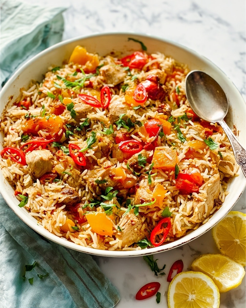 The image shows a white deep round dish filled with a colorful mixed rice dish. The bottom layer is made of fluffy cooked rice with a light orange tint, mixed with bright red and yellow bell pepper pieces scattered throughout. On top, there are chunks of browned chicken and slices of cooked potatoes, with small bits of green herbs sprinkled across the surface. A silver spoon is partially submerged on the right side of the dish. To the left of the dish, there are several sliced red chili peppers on the white marbled surface, along with a lemon wedge. The dish sits on a white cloth that is partially folded around it. Photo taken with an iphone --ar 4:5 --v 7
