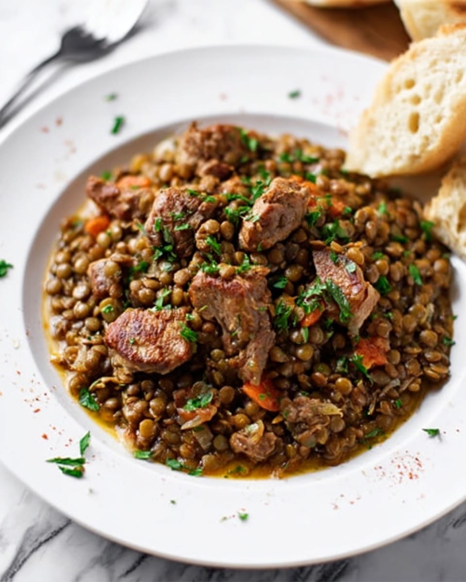 A white plate sits on a white marbled surface, filled with a one-layer dish of cooked lentils mixed with chunks of browned meat, small pieces of orange-colored carrots, and bits of red tomato. The lentils look soft and saucy, with some green herbs sprinkled on top and throughout the dish for color. On the side of the plate, there are two small pieces of light-colored bread with a soft texture. The overall color palette is earthy with green, brown, and orange tones, and the food appears warm and hearty. Photo taken with an iphone --ar 4:5 --v 7