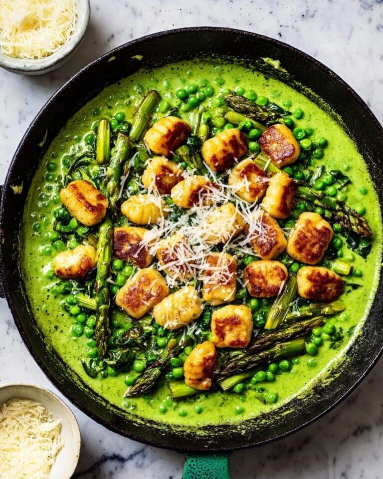 Crispy Gnocchi with Cavolo Nero Pesto, Asparagus & Peas Recipe