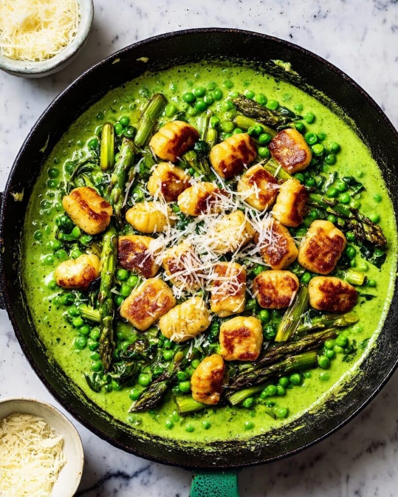 Crispy Gnocchi with Cavolo Nero Pesto, Asparagus & Peas Recipe