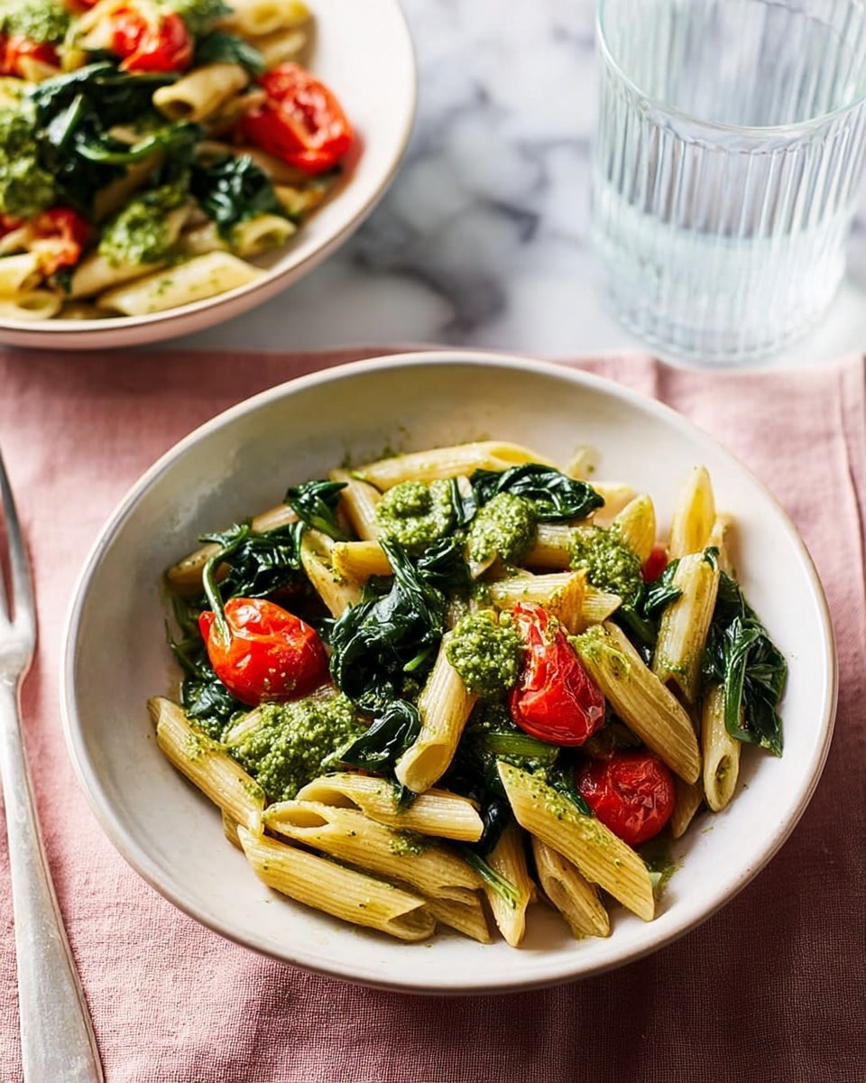 A white bowl is filled with two main layers of food: the base layer consists of light beige penne pasta, arranged loosely across the bowl, while the top layer includes wilted dark green spinach leaves and bright red halved cherry tomatoes scattered evenly. Small dollops of green pesto sauce are spread over the pasta and vegetables, adding texture and color contrast. Nearby, there is a silver fork resting on a soft pink cloth, and a glass of water with visible ice is placed at the top right on a white marbled surface. Photo taken with an iphone --ar 4:5 --v 7