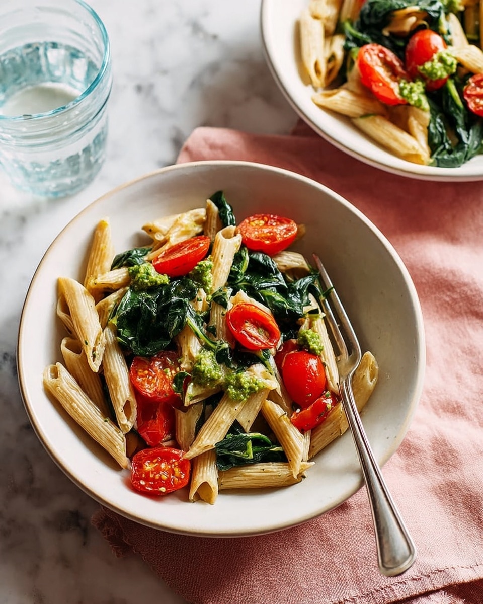 Two white bowls filled with a pasta dish, each bowl containing about three layers: at the bottom a base of light yellow penne pasta, followed by bright green wilted spinach leaves evenly mixed in, and scattered on top are halved red cherry tomatoes with small dollops of green pesto sauce. The texture of the pasta is smooth and slightly glossy, the spinach looks soft and slightly wilted, while the tomatoes are fresh and juicy. The bowls are placed on a pink cloth on a white marbled surface, with a silver fork in front of the nearest bowl and a clear glass of water in the upper right corner. Photo taken with an iphone --ar 4:5 --v 7