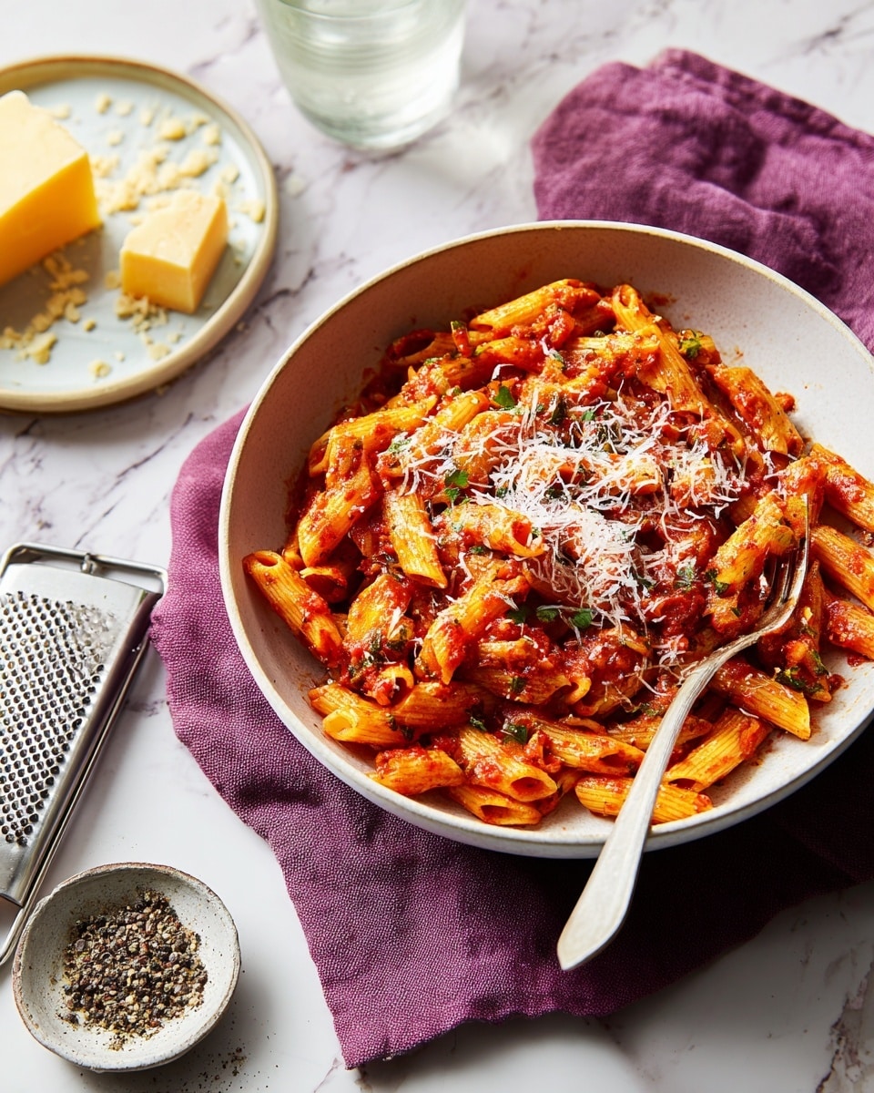 A white bowl filled with creamy orange-red penne pasta mixed with small green zucchini pieces sits on a purple cloth on a white marbled textured surface. The pasta is sprinkled with finely grated white cheese and cracked black pepper, giving it a textured topping. A silver spoon is placed inside the bowl on the right side. Nearby, there is a small white dish containing cracked black pepper, and a white plate holding a block of cheese next to a metal grater with shredded cheese falling onto the cloth. Photo taken with an iphone --ar 4:5 --v 7