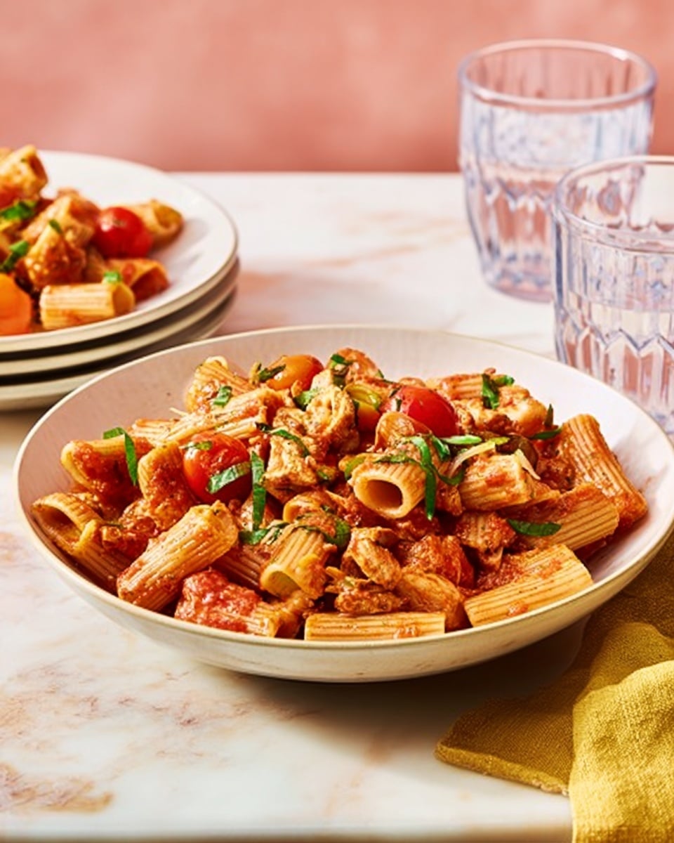 A white bowl filled with rigatoni pasta tossed with chunks of grilled chicken, cherry tomatoes, and green herbs scattered on top. The pasta is coated in a light red tomato sauce, and the dish looks warm and fresh. There is a yellow napkin to the left of the bowl, and a second bowl with similar contents is partly visible in the foreground. Two clear glass cups with water sit near the bowls on a white marbled surface, and the background features a soft pink wall with wooden chair spindles. Photo taken with an iphone --ar 4:5 --v 7