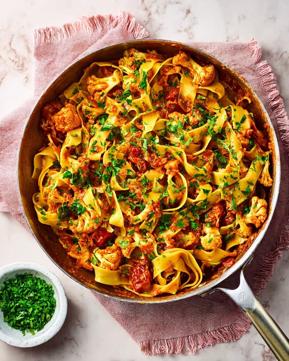 A large silver pan filled with wide, flat yellow pasta ribbons mixed with tender cauliflower pieces and small round green olives, all coated in a reddish-orange sauce. Scattered throughout are chunks of roasted red tomatoes and sprinkled finely chopped green herbs, giving a fresh touch. The pan rests on a soft peach-colored fringed cloth, and next to it is a small white bowl filled with more bright green chopped herbs, all set on a white marbled surface. photo taken with an iphone --ar 4:5 --v 7