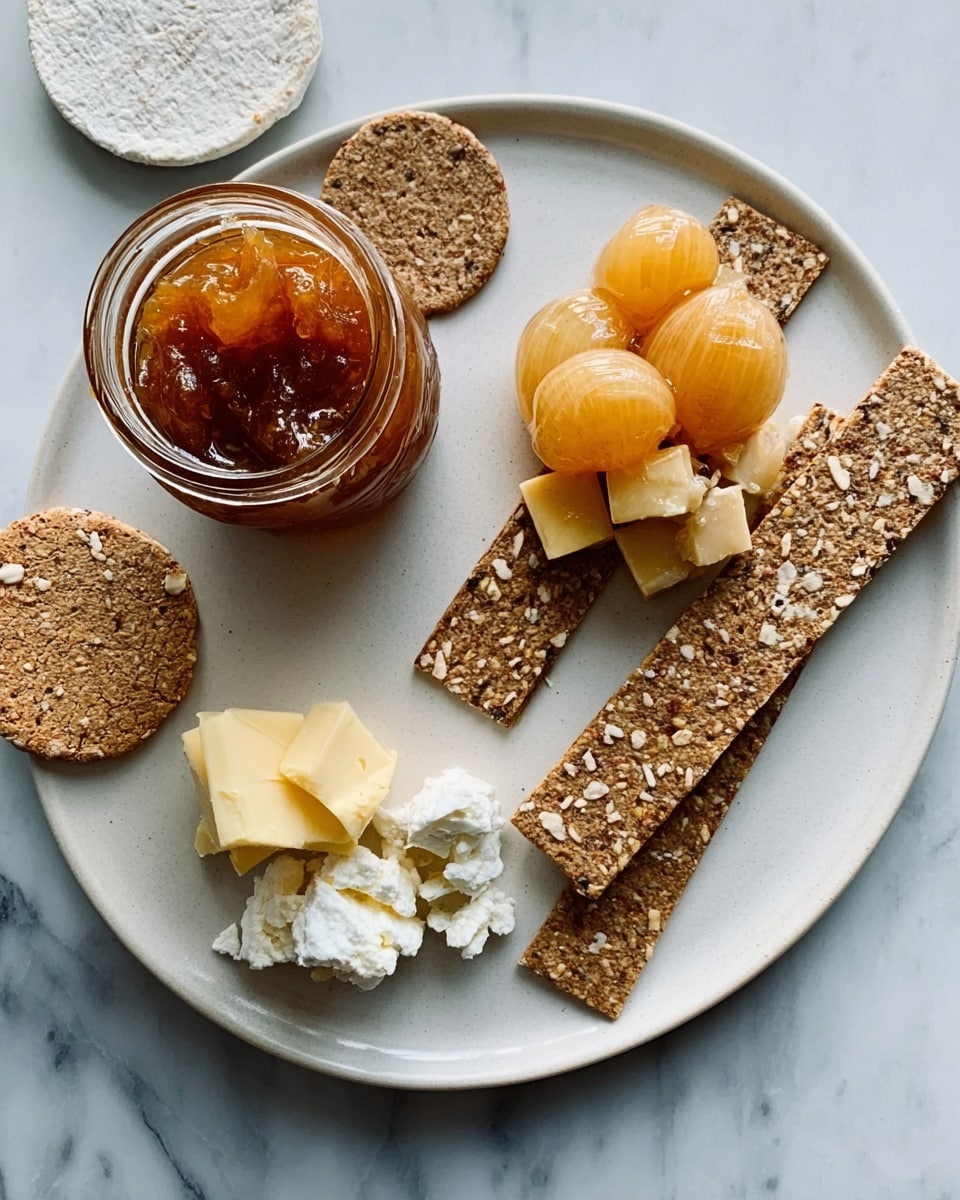 A white plate holds multiple different foods arranged in sections: on the top right are two light brown rectangular crackers with a grainy texture, and below them are two round, darker brown crackers with a speckled surface; on the bottom right is a chunky, glossy orange-brown chutney with visible whole pieces of what seem to be garlic cloves or nuts; to the left of the chutney are two pieces of pale yellow cheese with smooth texture; above the yellow cheese are two pieces of white cheese with a soft, crumbly texture and some of it spread on a half-eaten round cracker placed on the white marbled surface; next to the plate is an open jar filled with the same orange-brown chutney. photo taken with an iphone --ar 4:5 --v 7