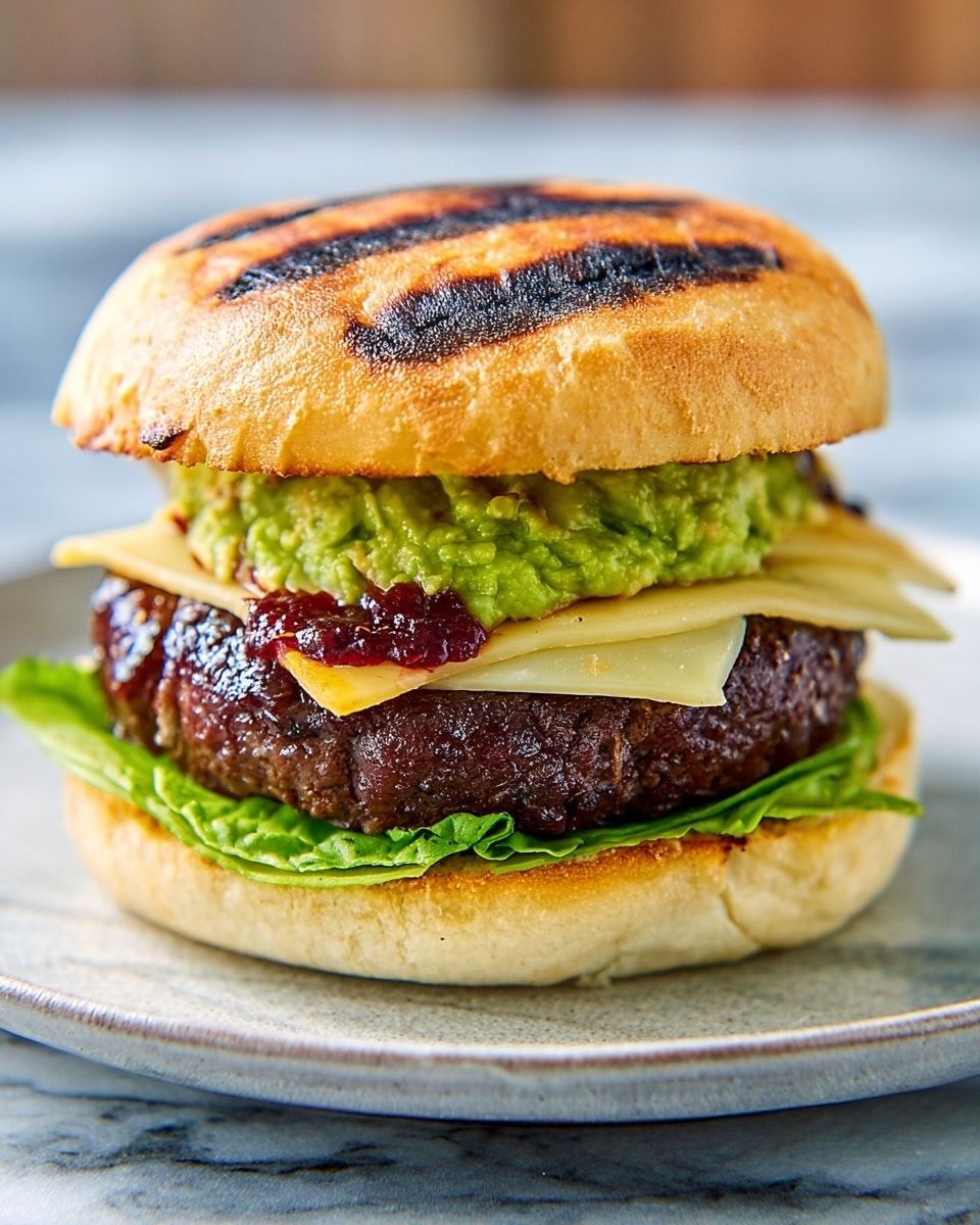 A close-up of a burger on a white plate, placed on a white marbled surface. The burger has five layers: the bottom layer is a toasted golden-brown bun, slightly charred; above it is a layer of dark green leafy lettuce; next, a thick, dark brown grilled patty sits on the lettuce; on top of the patty, a creamy light yellow cheese slice is laid flat; above the cheese, a chunky green guacamole layer spreads across; the top is a toasted bun with golden grill marks. Photo taken with an iphone --ar 4:5 --v 7