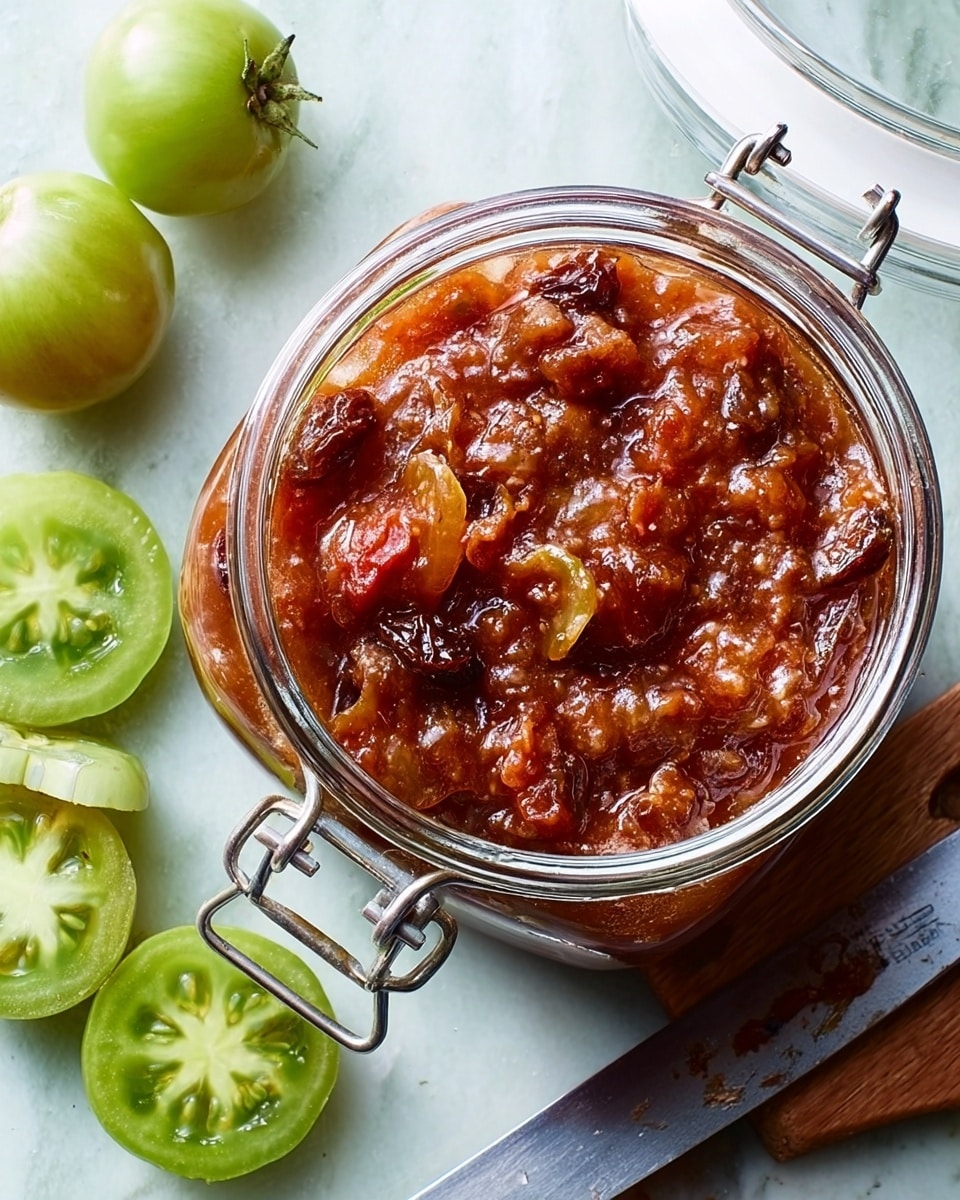 The image shows an open glass jar filled with a chunky reddish-brown tomato chutney containing visible pieces of cooked tomatoes and raisins, sitting on a white marbled surface. The chutney has a mix of smooth and lumpy textures with a glossy finish. Beside the jar, there are green tomatoes, including whole small round ones and one cut in half revealing pale green flesh and seeds. A silver spoon with a worn handle rests near the top right corner, adding a rustic feel to the scene. Photo taken with an iphone --ar 4:5 --v 7