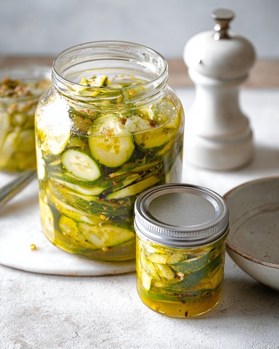 The image shows two glass jars filled with slices of pickled cucumbers soaked in a yellowish-green liquid, likely vinegar and spices. The larger jar in the front has thin cucumber slices layered closely together with visible specks of herbs and red chili flakes on top, and it is open without a lid. The smaller jar behind it is sealed with a metal lid and shows similar contents. Both jars sit on a white marbled surface, with two cylindrical containers placed nearby. The lighting is soft and natural, highlighting the clear glass and the freshness of the pickle slices. Photo taken with an iphone --ar 4:5 --v 7