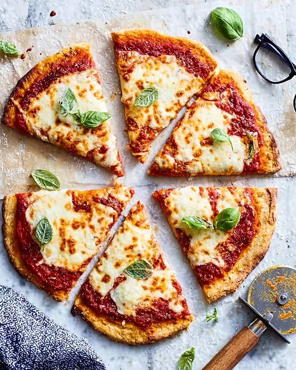 The image shows a round pizza cut into six uneven slices on a wooden board. The pizza has a thick golden crust with a layer of red tomato sauce topped with melted white and light brown cheese. Fresh green basil leaves are scattered on top of the pizza slices and around the board. A white pizza cutter with a bit of sauce on the blade rests on the right side of the board. The background is a white marbled surface with a textured blue cloth partially visible on the left side. Photo taken with an iphone --ar 4:5 --v 7