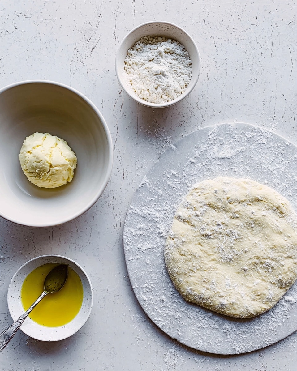 A photo shows a white bowl on the left side with a round ball of dough inside, looking soft and slightly rough. Next to it is a small white bowl with golden olive oil and a spoon resting in it. On the right side, there is a white marbled board sprinkled with white flour, holding a single flat round dough base that looks soft and slightly uneven on the edges. The background is a white marbled texture. photo taken with an iphone --ar 4:5 --v 7