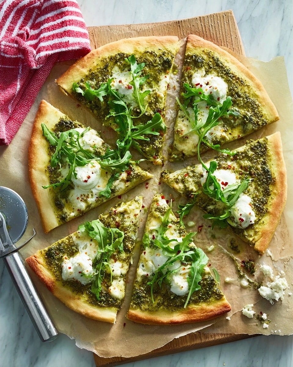 A white pizza with a golden-brown thin crust cut into six slices, topped with a smooth green pesto layer spread evenly across each slice. Small dollops of creamy white cheese are placed on top, along with fresh, bright green arugula leaves scattered over the pizza. The pizza rests on parchment paper over a rustic wooden board, beside a white marble surface with a red and white striped towel and a silver pizza cutter. Photo taken with an iphone --ar 4:5 --v 7