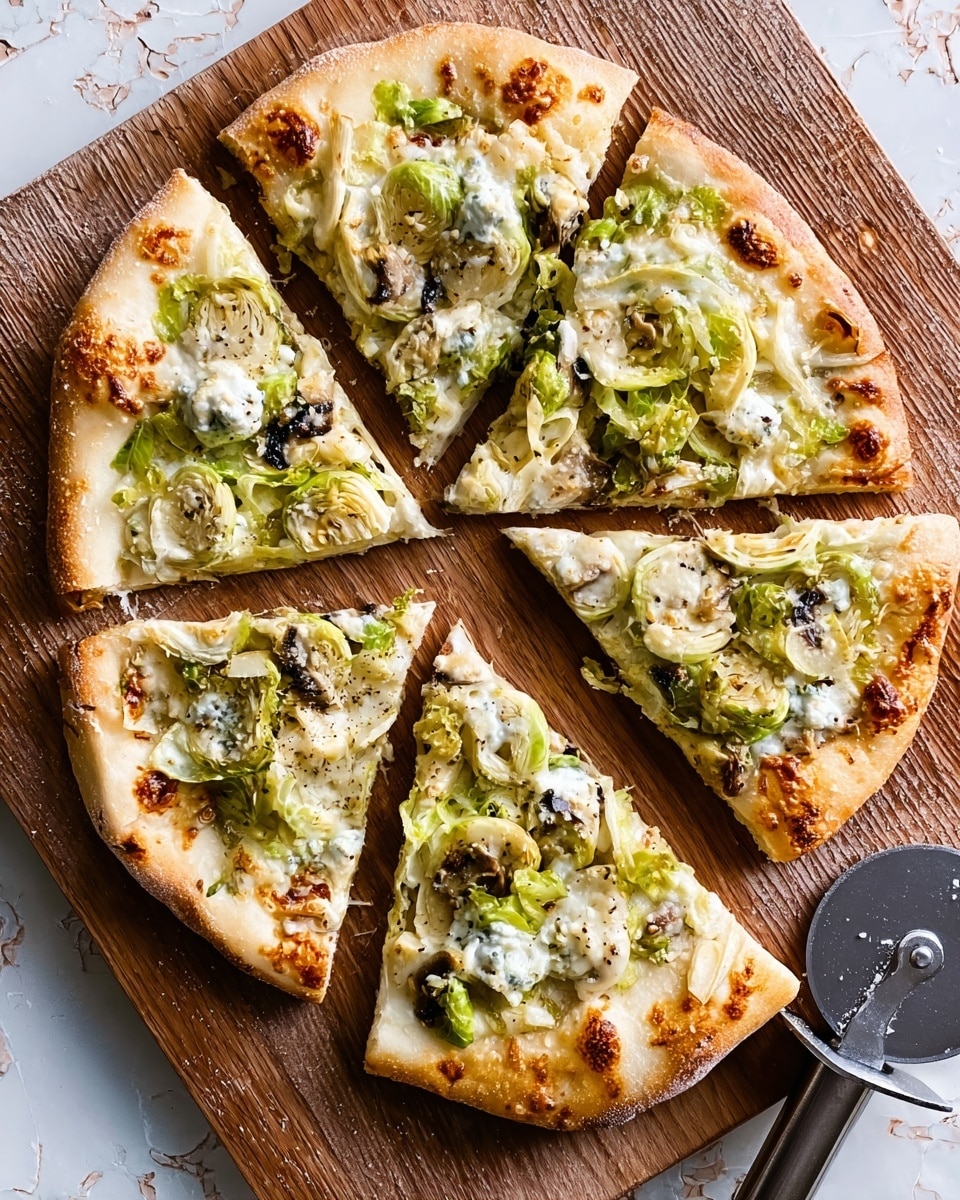The image shows a pizza cut into six large slices on a wooden board, with a pizza cutter placed on the right side. The pizza has a thin, golden-brown crust with a slightly crispy edge. The top layer is covered with melted white cheese, with visible patches of creamy white sauce underneath. Thinly sliced green vegetables, likely leeks or scallions, are evenly spread across the pizza, adding a fresh green color and delicate texture. Small bits of black or dark green herbs or seasoning are scattered on top, adding contrast to the light toppings. The wooden board rests on a white marbled surface. photo taken with an iphone --ar 4:5 --v 7