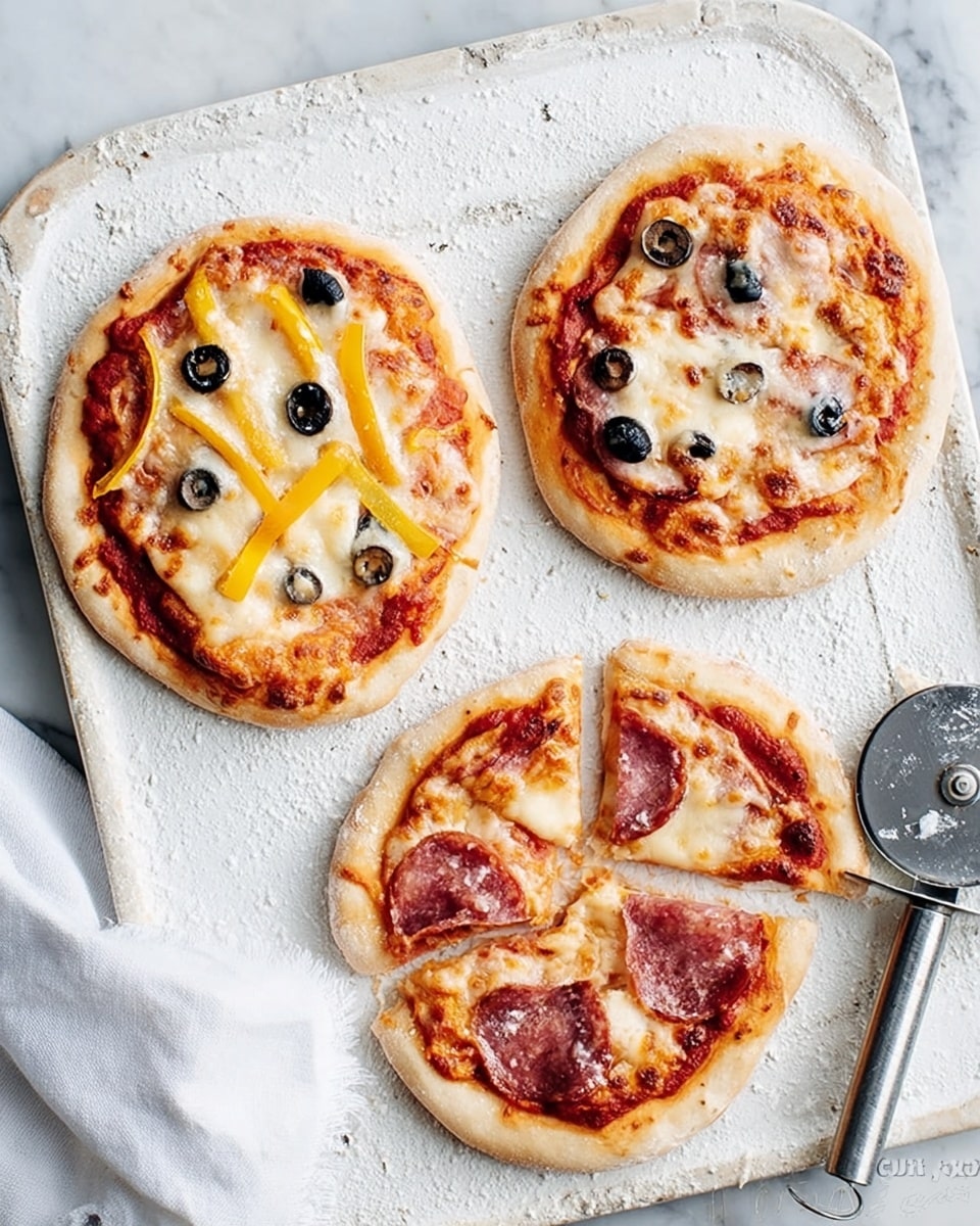 Three small pizzas with a golden-brown crust sit on a white marbled surface. The first pizza on the top left has a sauce base with melted cheese, yellow bell pepper chunks, and black olive slices scattered on top. The second pizza on the top right is topped with sauce, melted cheese, bits of mushrooms, and black olives. The third pizza at the bottom is cut into four slices and features a red meat topping with melted cheese and some black olives. A white pizza cutter with a silver handle lies partly on the bottom right corner of the baking tray. Photo taken with an iphone --ar 4:5 --v 7