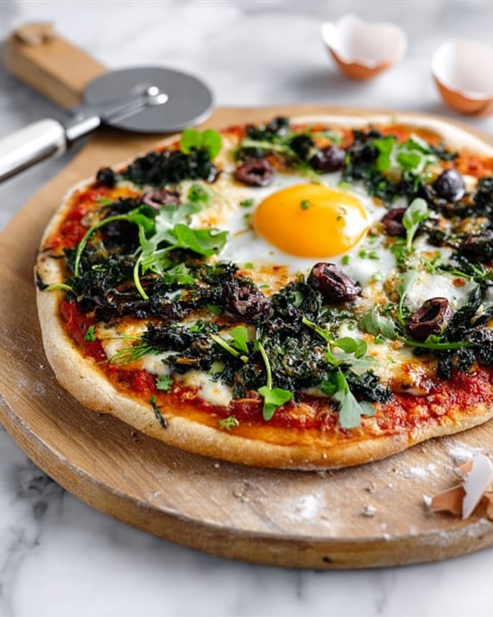 The image shows a pizza with a thin, light brown crust on a round wooden board. The pizza has three main layers: a red tomato sauce base spread evenly, a layer of dark green leafy vegetables and black olives scattered on top, and in the center, a whole cooked egg with a bright yellow yolk. Fresh green herbs, including basil and arugula leaves, are sprinkled over the pizza, adding a fresh look. A white marbled surface is underneath, and a woman's hand is holding a slice of pizza being lifted. Photo taken with an iphone --ar 4:5 --v 7