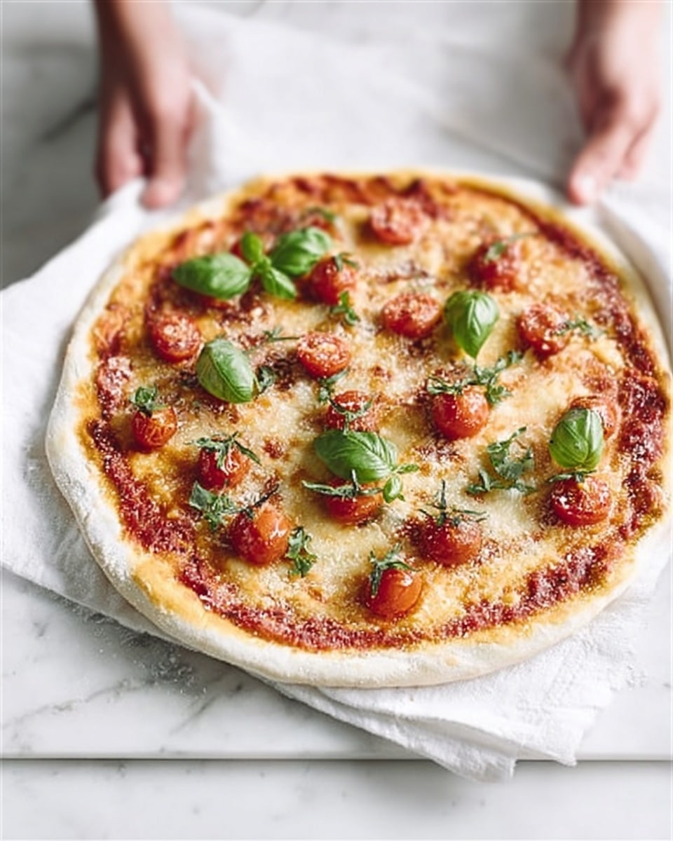 A round pizza with a thin golden-brown crust held by a woman's hands on both sides, covered in a layer of red tomato sauce topped with melted light yellow cheese that has slightly browned spots, scattered halved red cherry tomatoes, and fresh green basil leaves spread across the surface. The pizza is held above a white marbled background. photo taken with an iphone --ar 4:5 --v 7