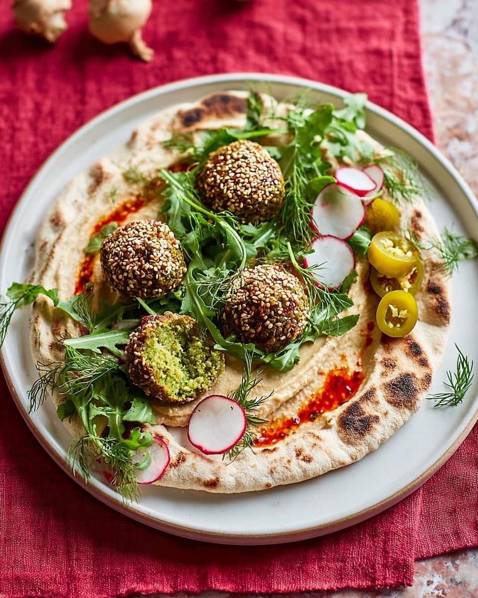 A white speckled plate holds a round, slightly charred flatbread as the base layer, spread with a creamy beige hummus smeared in a smooth, thin layer. On top, there are five falafel balls coated with white sesame seeds, one cut open to show a bright green, crumbly inside. Fresh green arugula leaves and dill sprigs are scattered over the falafel, along with thin, translucent slices of red and white radish. Light green pepper slices add more color and texture, all placed on a white marbled surface with a soft red cloth partially visible under the plate. Photo taken with an iphone --ar 4:5 --v 7