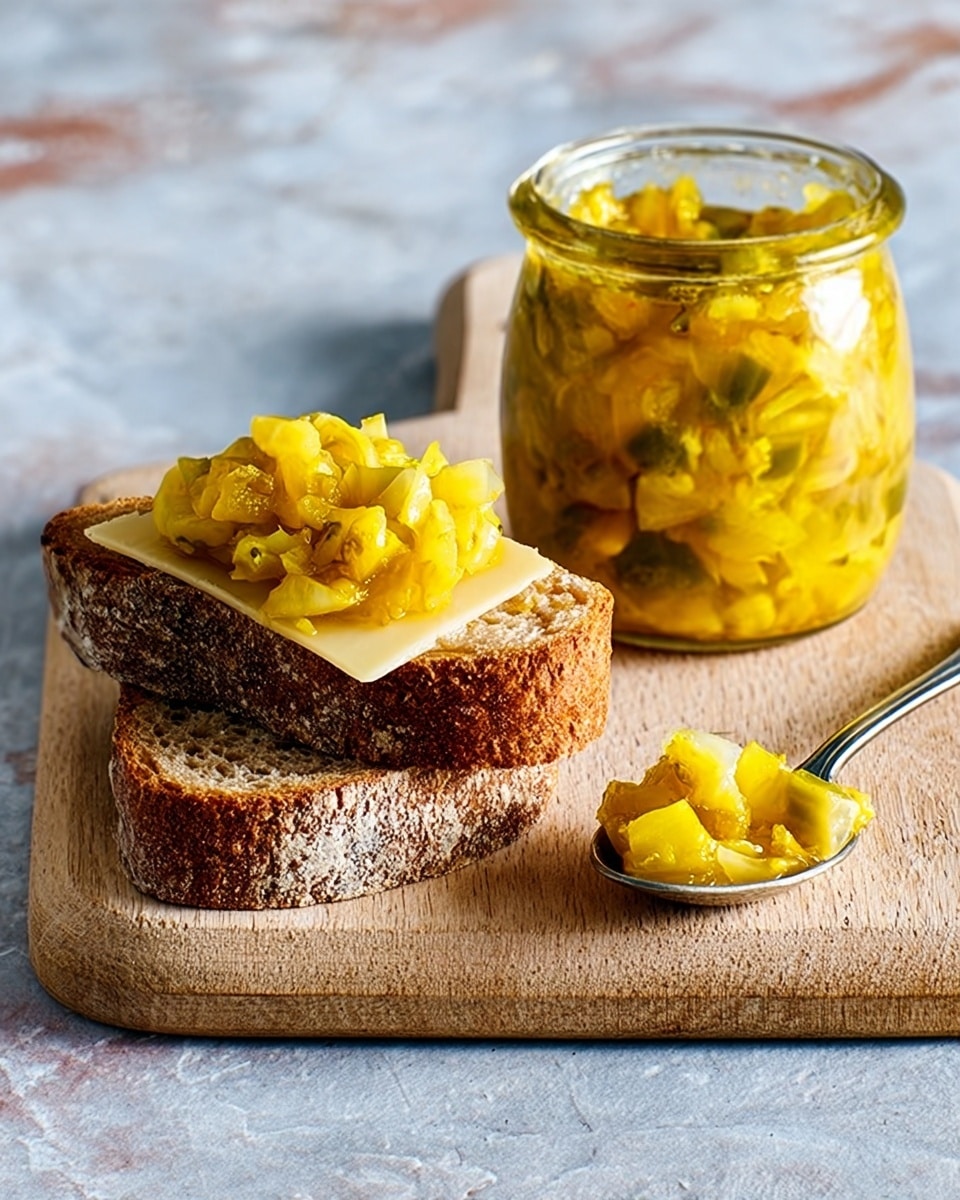 The image shows a small wooden board with two pieces of light brown bread with holes, one topped with a yellow chunky spread mixed with small green and white pieces. Next to the bread is a glass jar filled with the same yellow chunky spread, sitting on the board. On the wooden board, close to the jar, there is a silver spoon holding some of the yellow spread. The board is placed on a white marbled surface. The photo has a close-up view and natural light. photo taken with an iphone --ar 4:5 --v 7