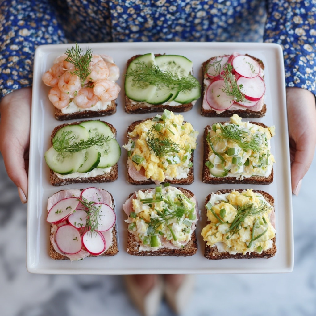 A woman's hands hold a white square plate with eight open-faced sandwiches arranged in two rows. Each sandwich sits on a thick slice of dark brown bread. The sandwiches have different toppings: two have small pale pink shrimp with black pepper, two are topped with creamy scrambled eggs and chopped green herbs, two have thin slices of pale pink ham with thin red and white radish slices, and two have white spread with three thin cucumber slices and a sprig of green dill on top. The background is a white marbled texture. Photo taken with an iphone --ar 4:5 --v 7