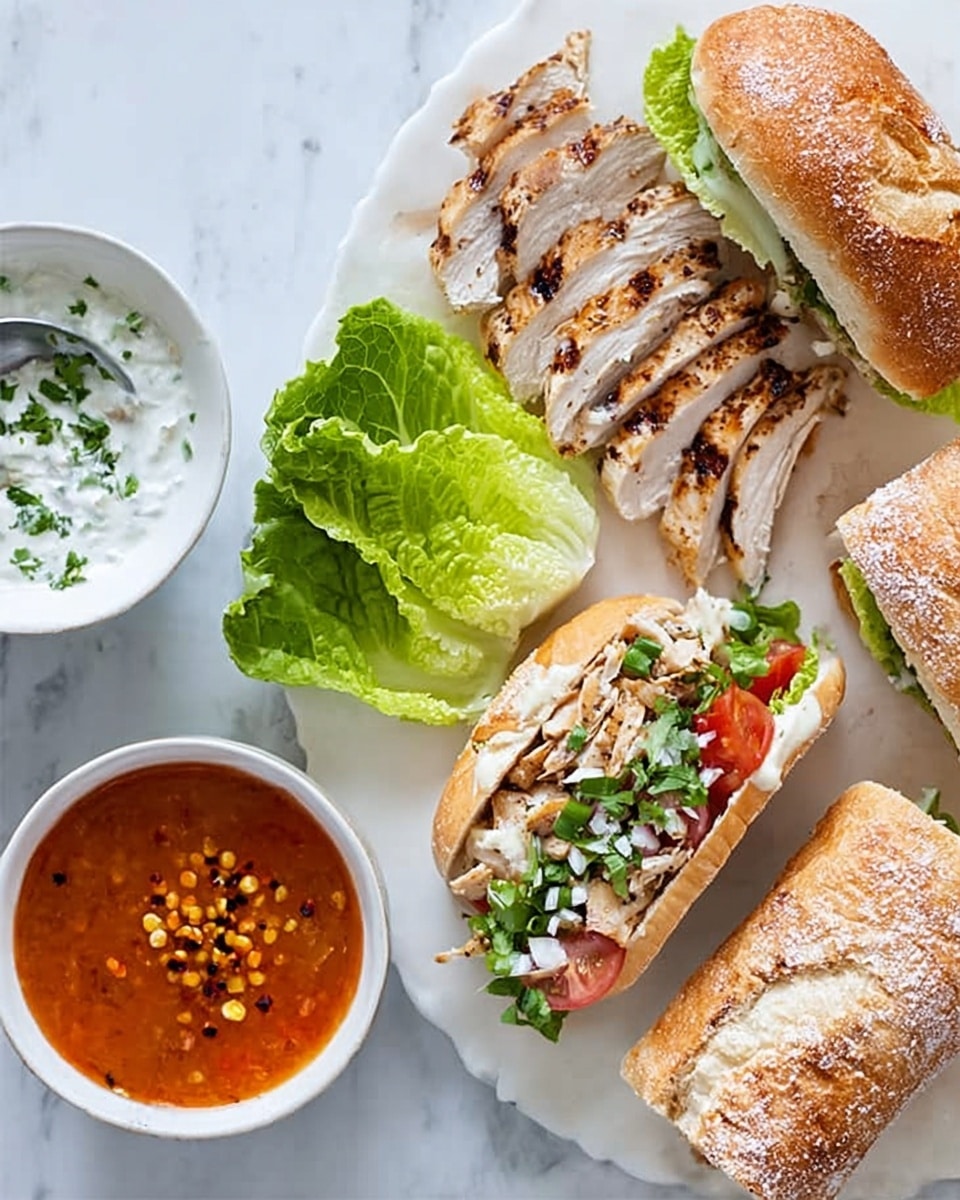 The image shows a white rectangular plate on a white marbled surface, holding several layers of a meal. On the right side of the plate are sliced pieces of cooked chicken with a light brown grilled texture and some shredded bits. Next to the chicken are three halves of bright green romaine lettuce arranged side by side, showing their leafy texture. Below the plate are two white sandwich buns with a speckled brown top, one open-faced with visible layers: the bottom bun is topped with a layer of creamy white sauce, fresh chopped green herbs and diced red onions, and pieces of sliced cooked chicken. To the right of the buns, a white bowl filled with orange-red chunky sauce with visible herbs is placed on the white marbled surface. In the top left corner, a small white bowl contains white sauce with green herbs and a small white spoon on the side. A woman's hand is gently touching one of the lettuce halves. Photo taken with an iphone --ar 4:5 --v 7