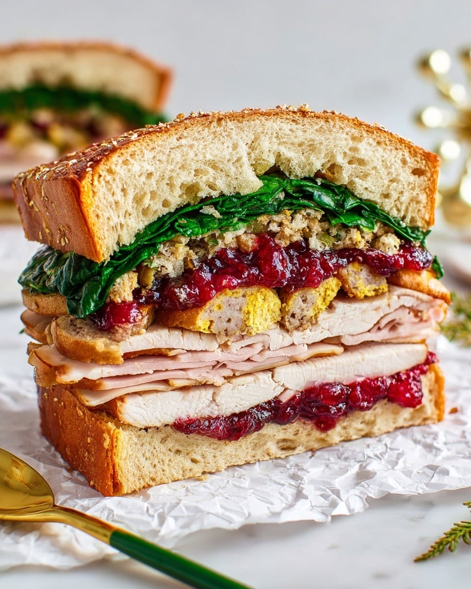 A thick sandwich cut in half shows seven distinct layers inside a light golden brown crusty bread. The bottom layer is white turkey meat resting on the soft bread base, followed by a layer of small browned sausage pieces covered in dark red sauce. Above this is a thick grayish-brown stuffing layer, then a fresh dark green leafy layer. Next, there is a crispy golden brown turkey slice topped with another handful of dark green leaves. The top two layers are a spread of bright yellow mustard and a chunky deep red cranberry sauce, all held together by the crispy bread top. The sandwich sits on crumpled white paper on a white marbled texture. A woman's hand holding a spoon with mustard is just visible at the corner. photo taken with an iphone --ar 4:5 --v 7